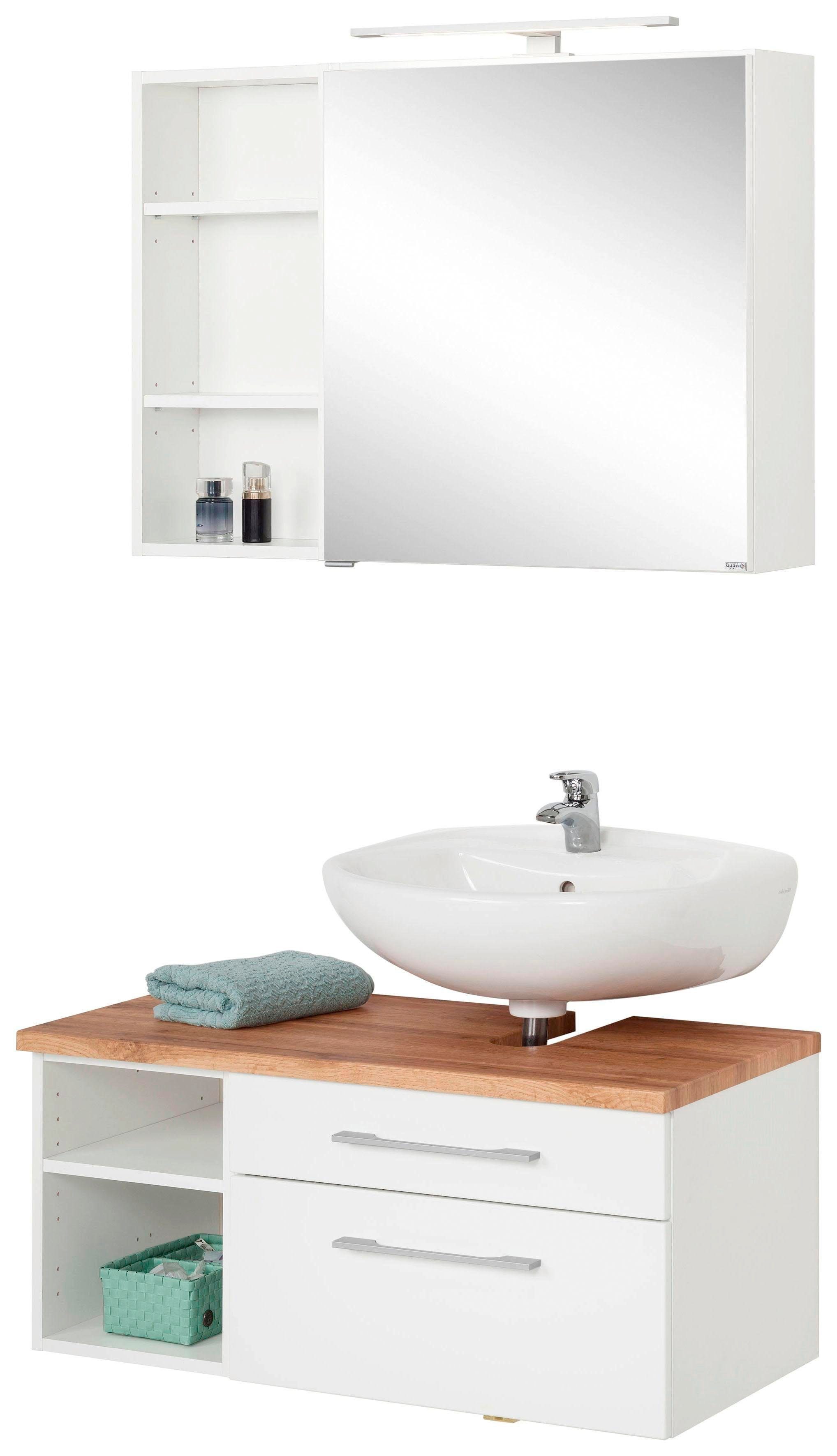 welltime Badmöbel-Set Davos, (3-St), mit LED-Beleuchtung, Hängeschrank und Waschbeckenunterschrank