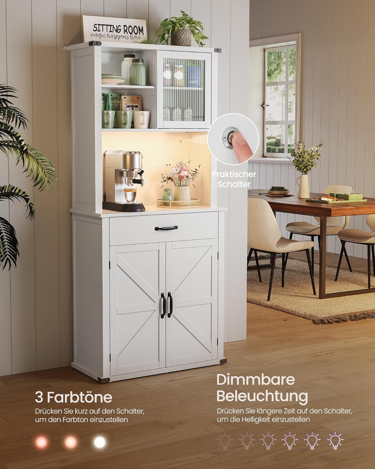 VASAGLE Buffet Sideboard, Küchenschrank, Aufbewahrungsschrank, 39,7 x 80,4 x 180,3 cm (mit Beleuchtung und Ladestation) mit Türen, Schubladen, verstellbare Ablagen, Landhausstil, wolkenweiß