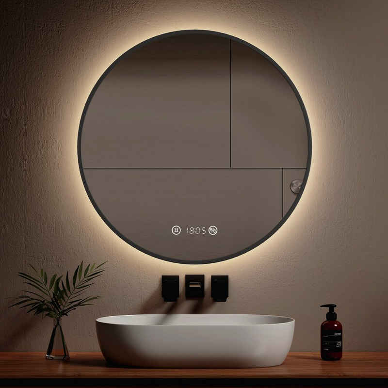 EMKE Дзеркало для ванної кімнати EMKE LED Дзеркало для ванної кімнати Rund Дзеркало mit Beleuchtung Schwarz, mit Touch, Antibeschlage, Uhr, Temperatur, Dimmbar, Memory-Funktion