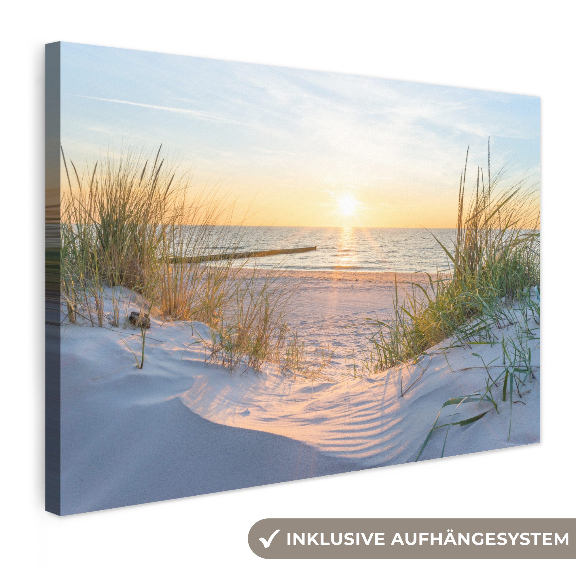 OneMillionCanvasses® Leinwandbild Strand - Sonne - Düne - Gras - Sand - Horizont, Fotodruck (1 St), Wandbilder Wohnzimmer Schlafzimmer 90x60 cm
