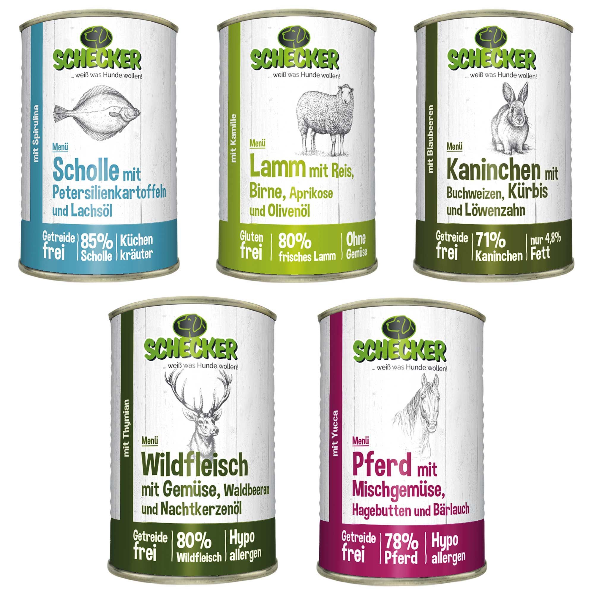Schecker 11 x Schecker Hundemenü-Dosen 410g (11-er 410g) gemischt, Nassfutter für: Hunde, Für empfindliche Hunde