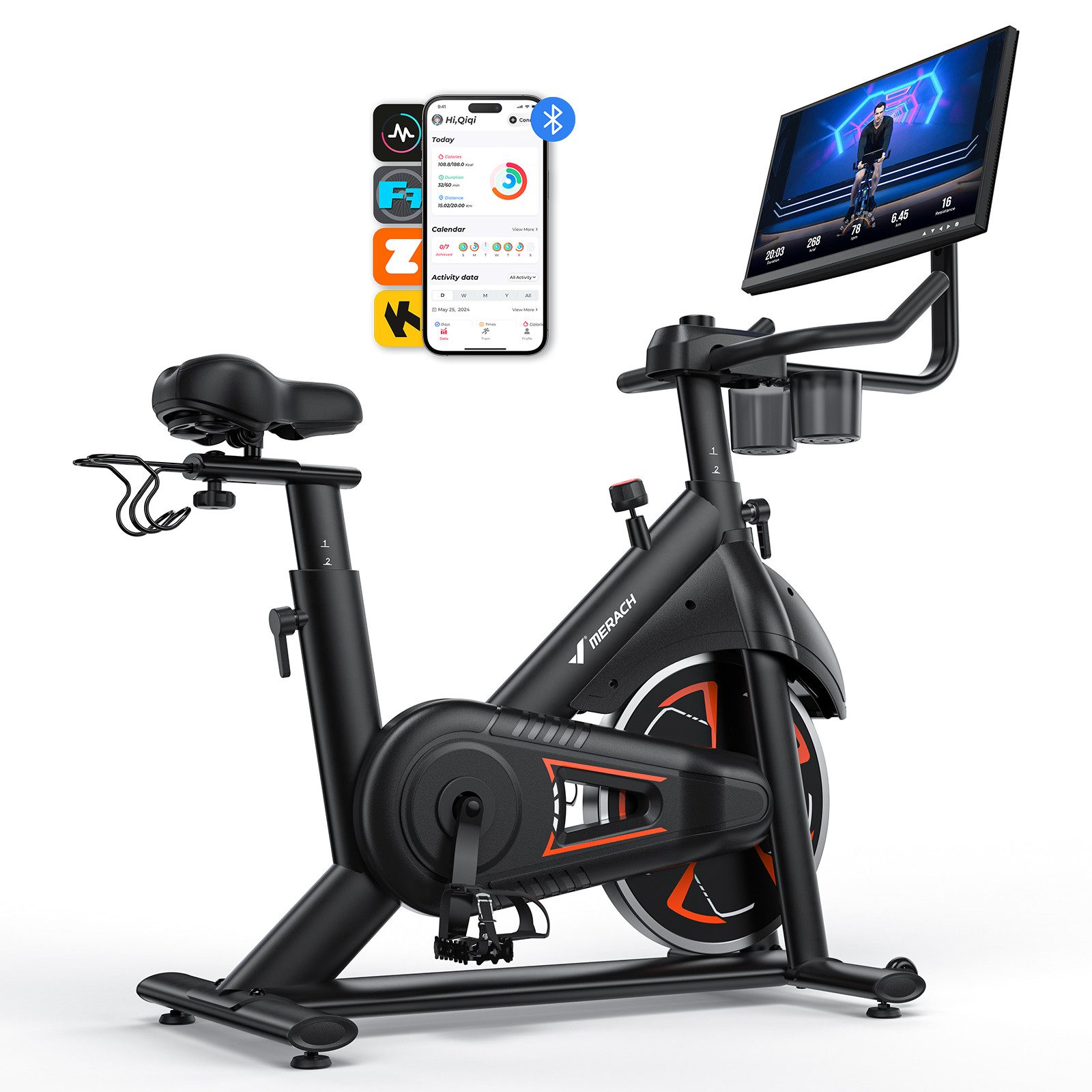 MERACH Heimtrainer mit 21,5 Zoll HD Touchscreen Display & Auto-Widerstand (Smart Indoor Cycling Bike mit 16 Stufen Magnetwiderstand & App, 1-tlg., Trimmrad mit drehbarem Bildschirm für vielseitiges Workout), Profi Indoor Fahrrad, super leises Heimtrainer, belastbar bis 150 kg