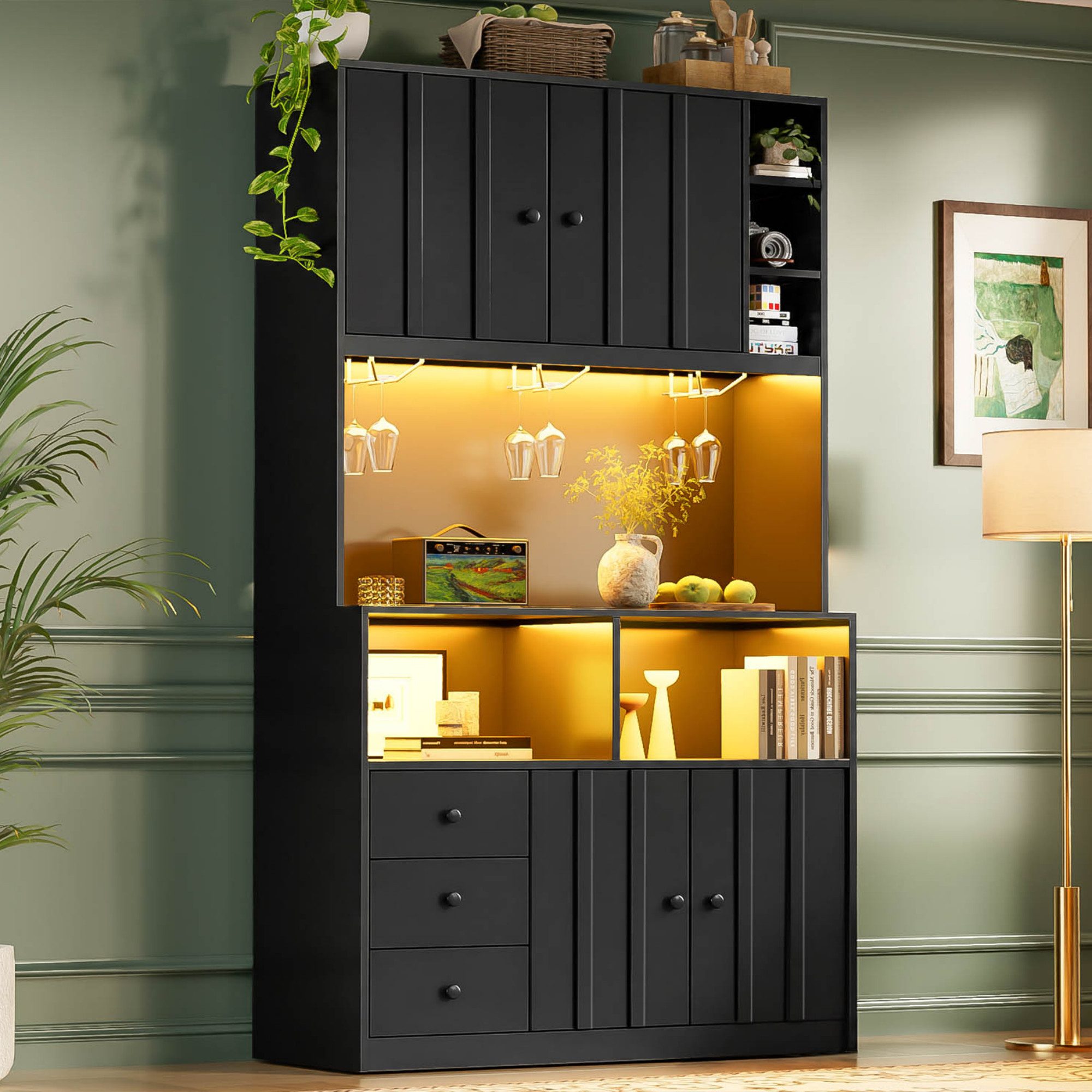 Flieks Küchenbuffet Hochschrank mit LED-Beleuchtung, Steckdose, Gläserhalter Landhausstil (B100/T40/H180 cm, 1-St) Küchenschrank Mehrzweckschrank mit verstellba – Bild 5 von 5