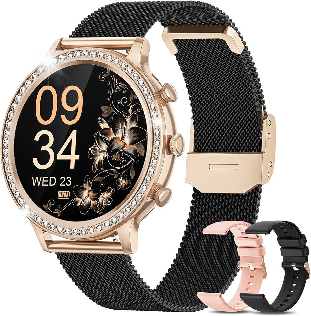 SWGOTA Smartwatch Damen mit 60 Diamanten,Herzfrequenz,SpO2,Schlafmonitor Smartwatch (3.35 cm/1.32 Zoll), Fitnessuhr Damen mit Telefonfunktion,Blutdrucküberwachung,IP68