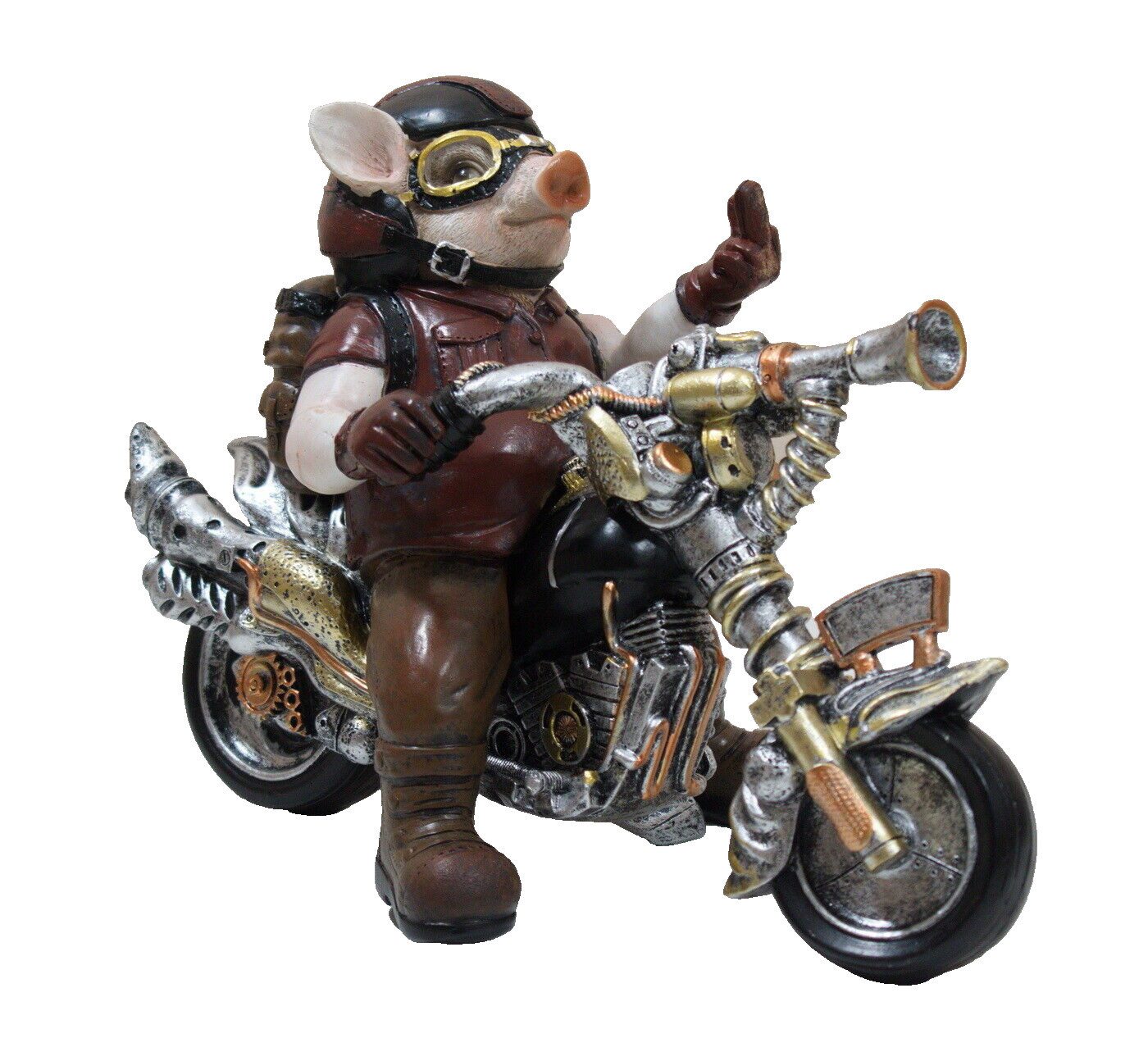 Kaufhaus le petit Fantasy-Figur Gothic Deko Figur Schwein auf Steampunk Motorrad Stinkefinger Skulptur, Dekofigur aus Polyresin (Kunststein)