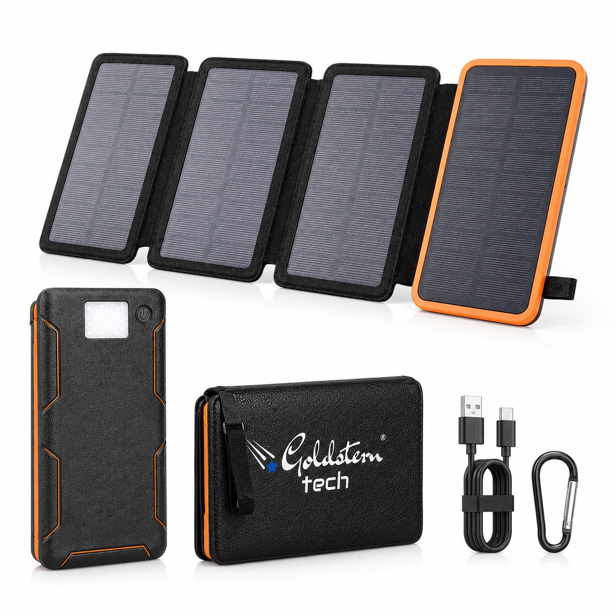 Goldstern-Tech XD900 Solarladegerät (Solar-Powerbank 36.800 mAh, 4 faltbare Solarpanels, 4 Solarpanels, QC 3.0 Schnellladefunktion & USB-C Anschluss)