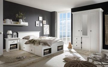 Furn.Design Einzelbett Hooge (Bett in Pinie weiß gekälkt, Liegefläche 140 x 200 cm), inkl. 2x Bettschubkasten, Landhausstil modern