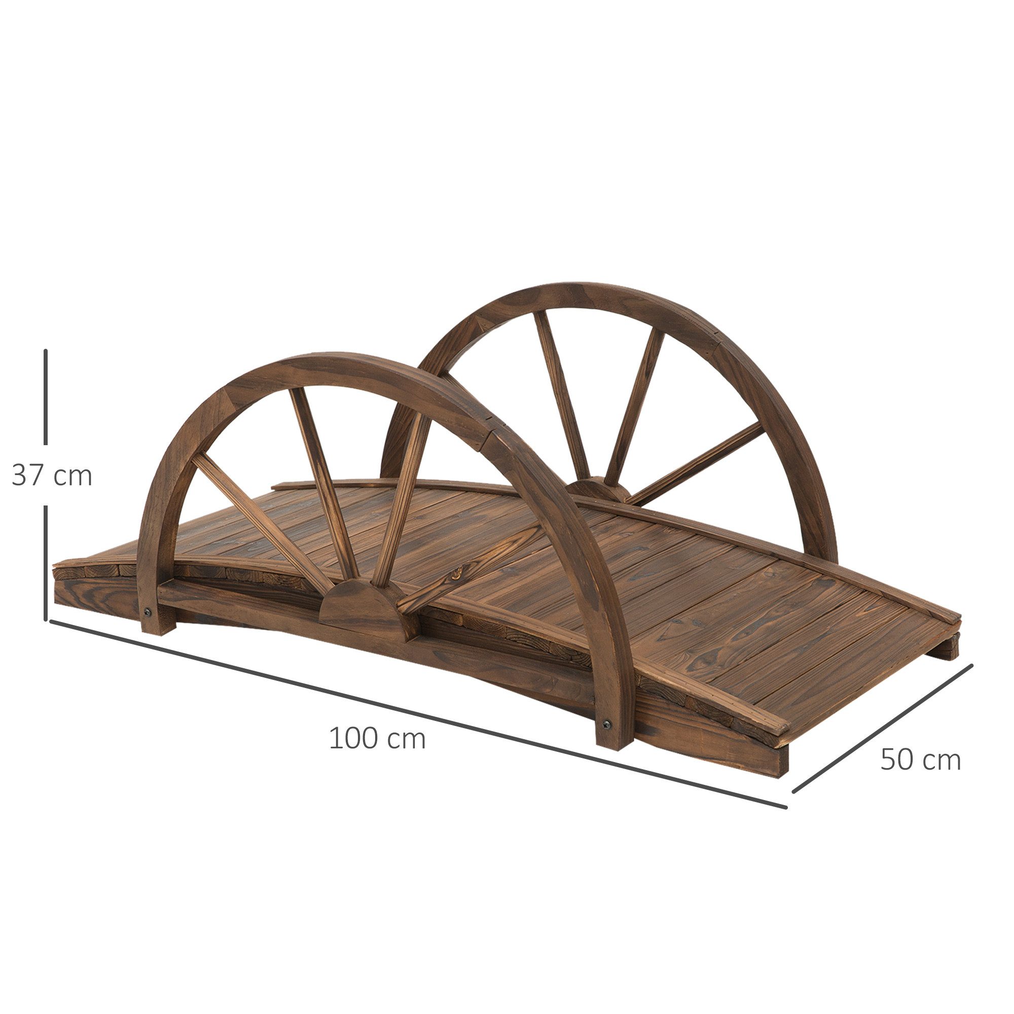 Outsunny Zierbrücke aus Tannenholz, mit Rad Design, bis 150 kg belastbar, (Gartenbrücke, 1 St., Holzbrücke), für Garten, Park, Hinterhof, 100 x 50 x 37 cm Verkohlt
