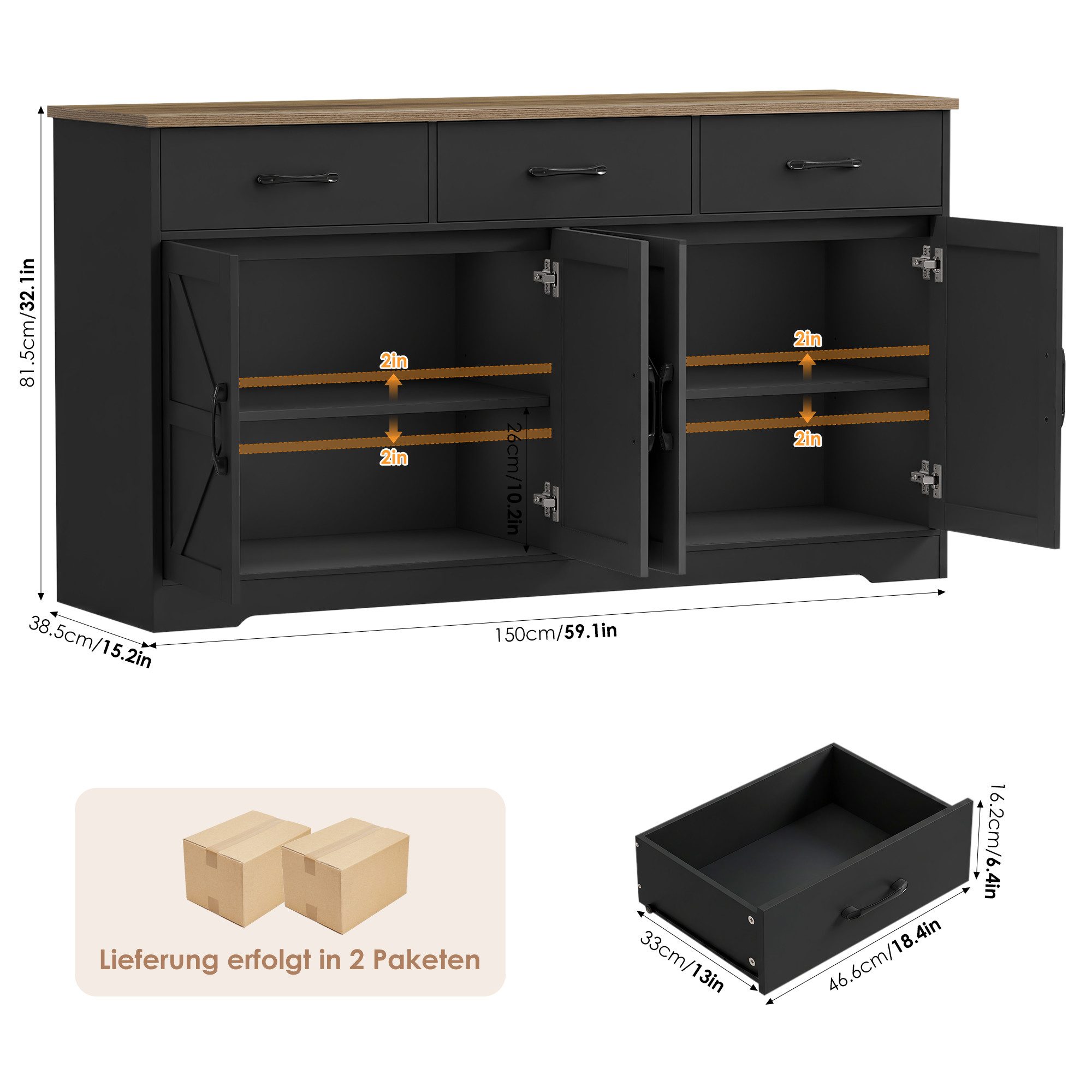 HOMECHO Sideboard, 150cm Breit Küchenschrank mit Arbeitsplatte 4 Türen 3 Schubladen
