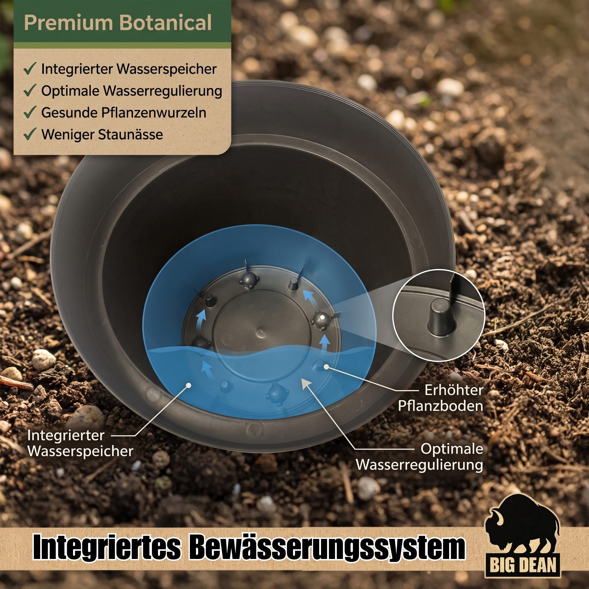 BigDean Blumentopf Pflanzkübel groß Anthrazit Classic mit integriertem Wasserspeicher (1 St), Wetterfester Kunststoff, Integrierter Zwischenboden – Bild 4 von 5