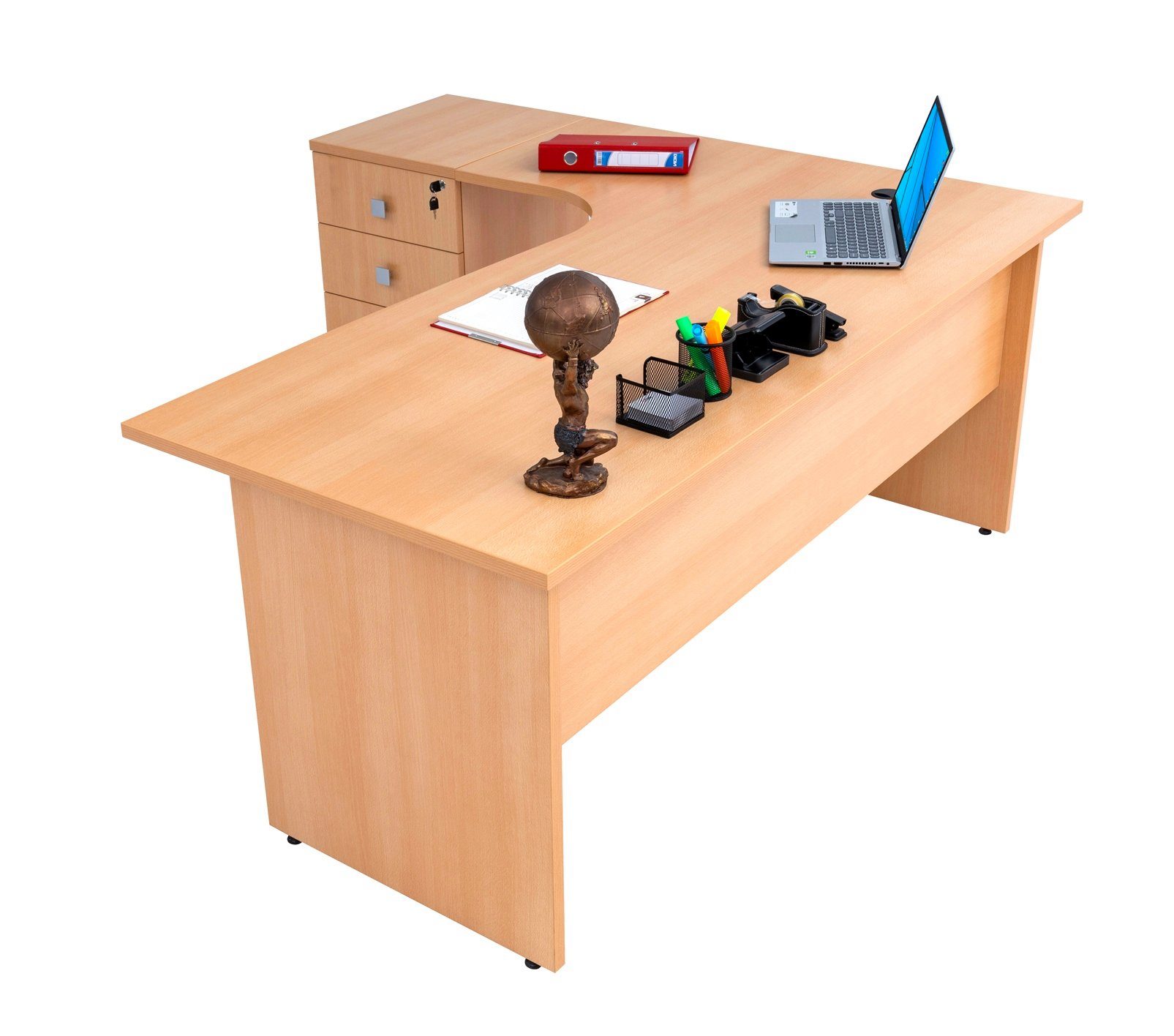 Furni24 Schreibtisch Winkelschreibtisch Dona,Holzfuss,Buche,180 inkl. cm, Beistellcontainer