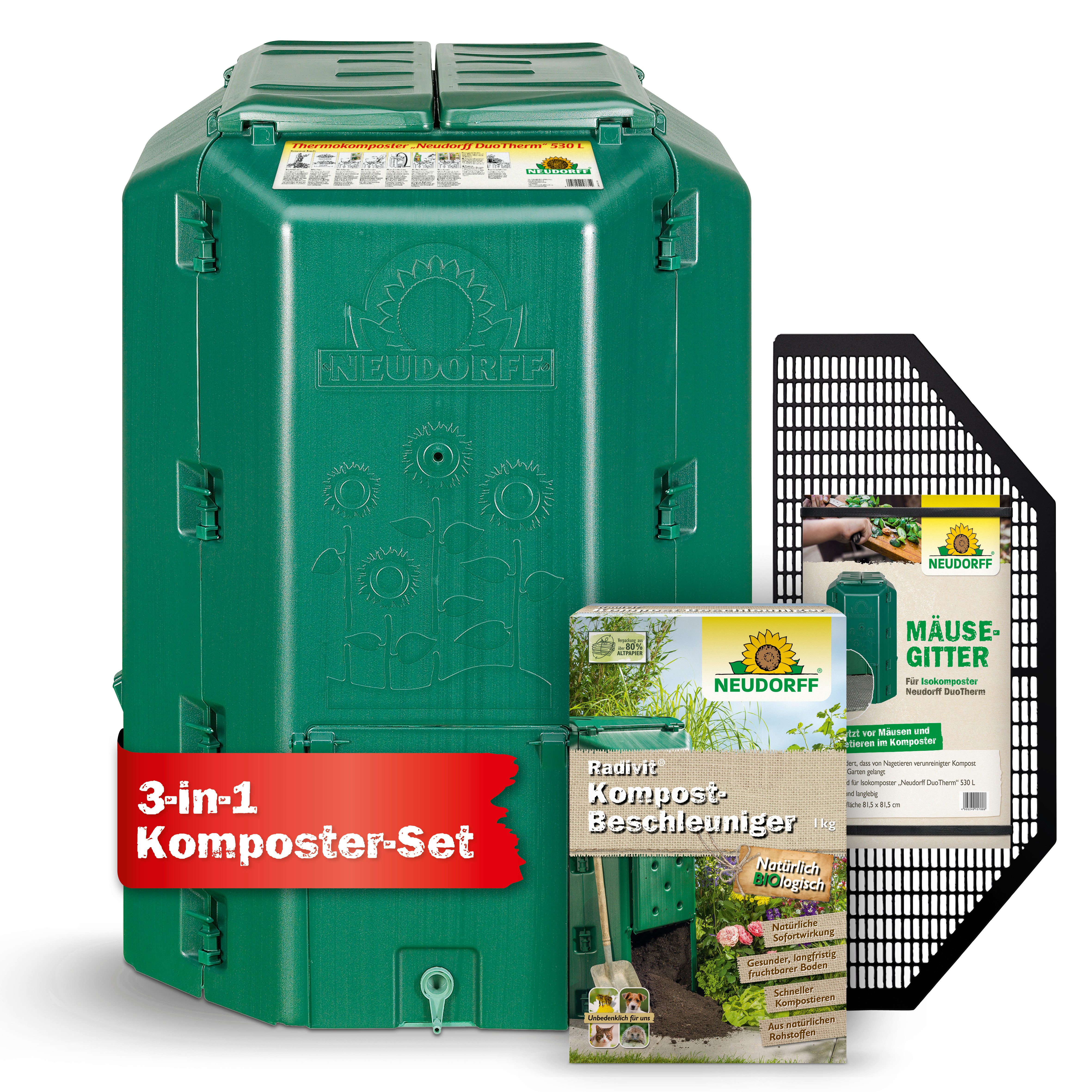 Neudorff Thermokomposter DuoTherm 530 Liter + Mäusegitter + Radivit 1 kg, (3-teiliges Komplett-Set, 3er Komplett-Set Thermokomposter + Mäusegitter + Kompost-Beschleuniger), Doppelwandiger Thermokomposter mit Mäusegitter und Komposthilfe