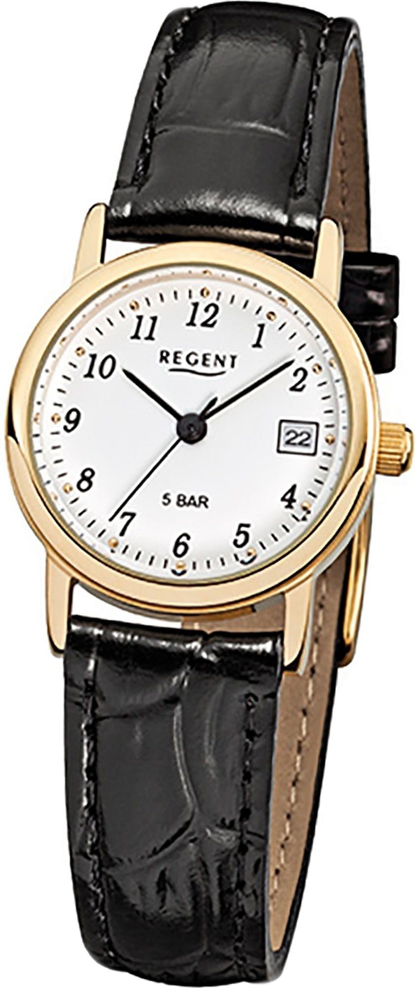 Regent Quarzuhr Regent Leder Damen Uhr F-829 Quarzuhr, Damenuhr Lederarmband  schwarz, rundes Gehäuse, klein (ca. 25mm)