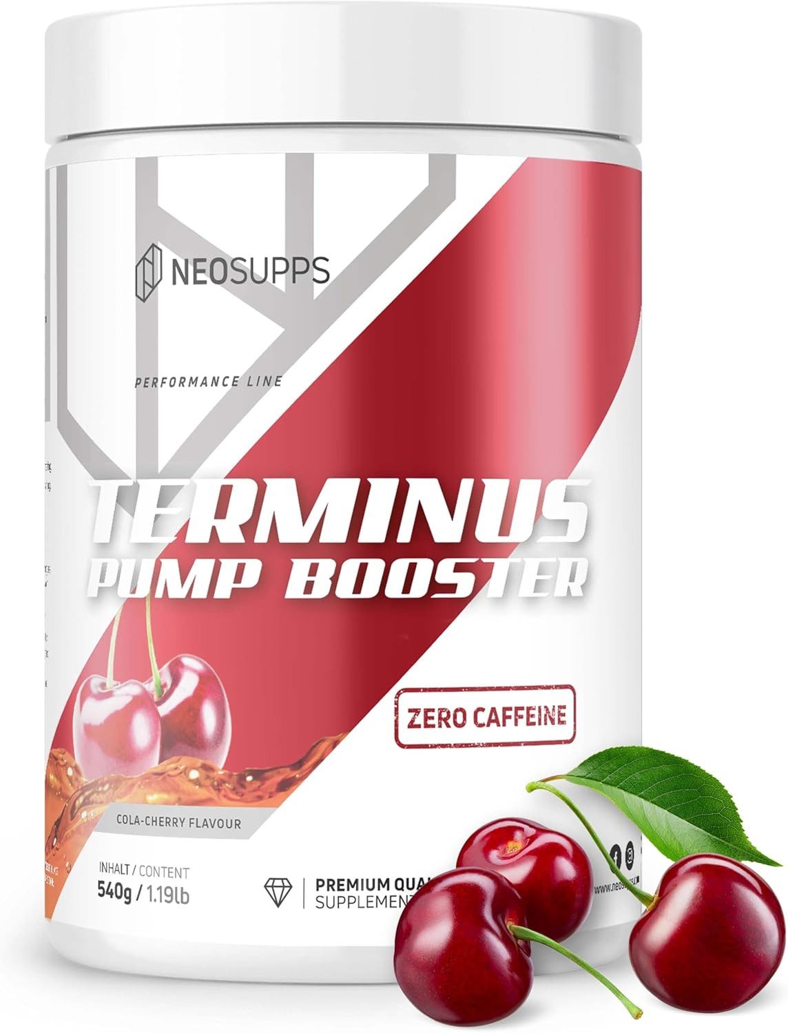 Neosupps Terminus PUMP XXL Cola Cherry 540g, Pre Workout Booster ohne Koffein Pulver, 540 g, Pump & Fokus, geprüfte Qualität, 8.000 mg L-Citrullin, Vegan
