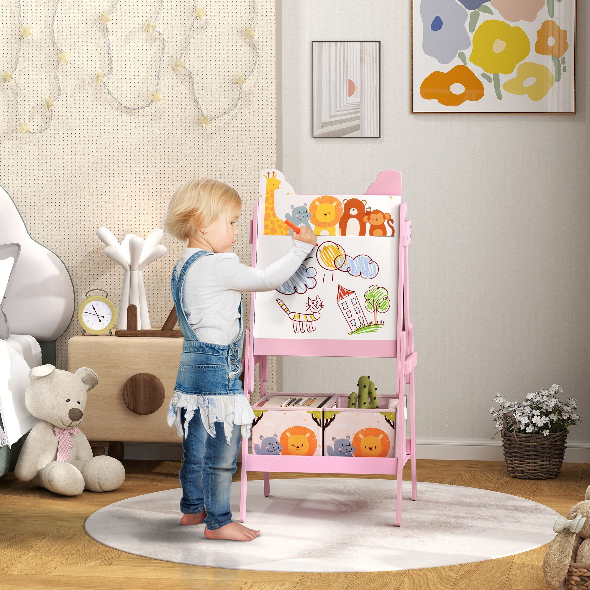 AIYAPLAY Tafel Staffelei mit Kreidetafel, Whiteboard, Aufbewahrungsboxen, (Kinder Staffelei, 1-tlg., Kindertafel), für Kinder 3-8 Jahre, Rosa