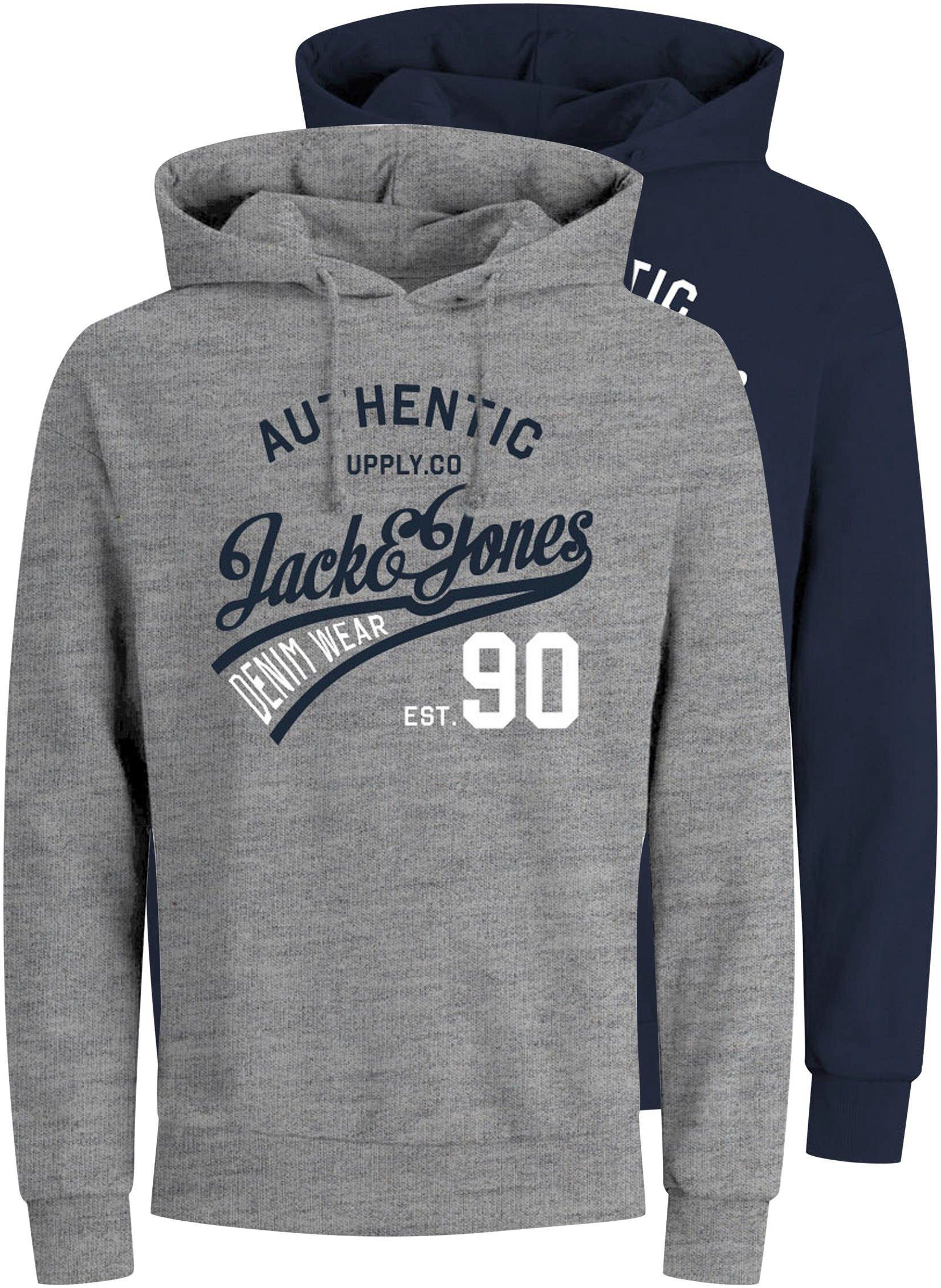 (Packung, 2PK Jack Jones Kapuzensweatshirt grau, & HOOD ETHAN navy 2er-Pack) 2-tlg., SWEAT