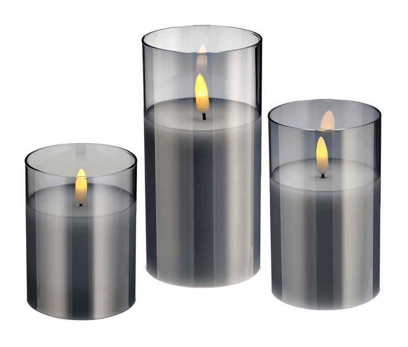 Spetebo LED-Kerze LED Echtwachskerze im Glas - 3er Set - mit Timer (Set, 3-tlg., LED Kerzen), LED Kerzen mit Timer im praktischen 3er Set