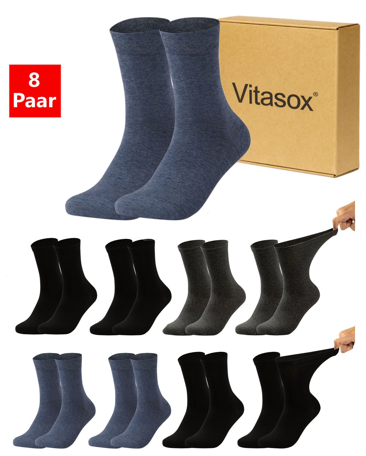 Vitasox Diabetikersocken für Herren - aus Baumwolle ohne Gummi, ohne Einschneiden und Abdrücken (8-Paar) mit weichem und dehnbarem Komfortbund