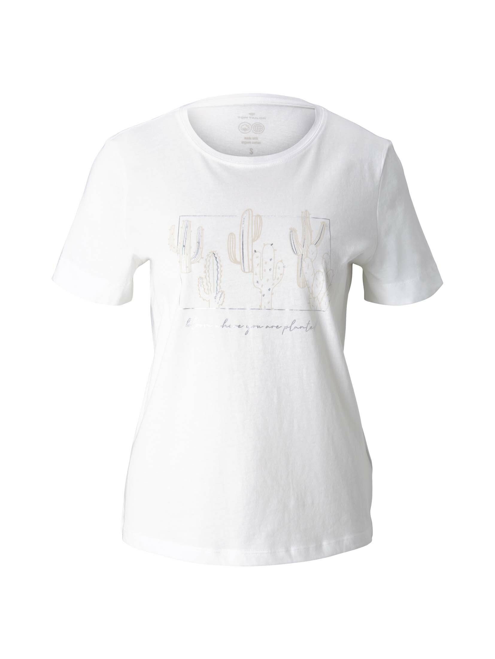 TOM TAILOR T-Shirt White Print mit Bio-Baumwolle Off T-Shirt