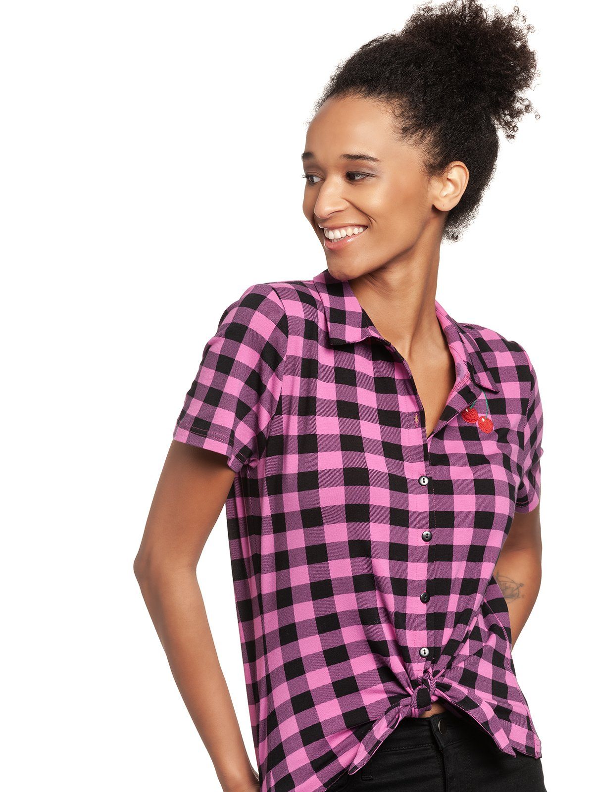 Pussy Deluxe checkered Kurzarmbluse Pink