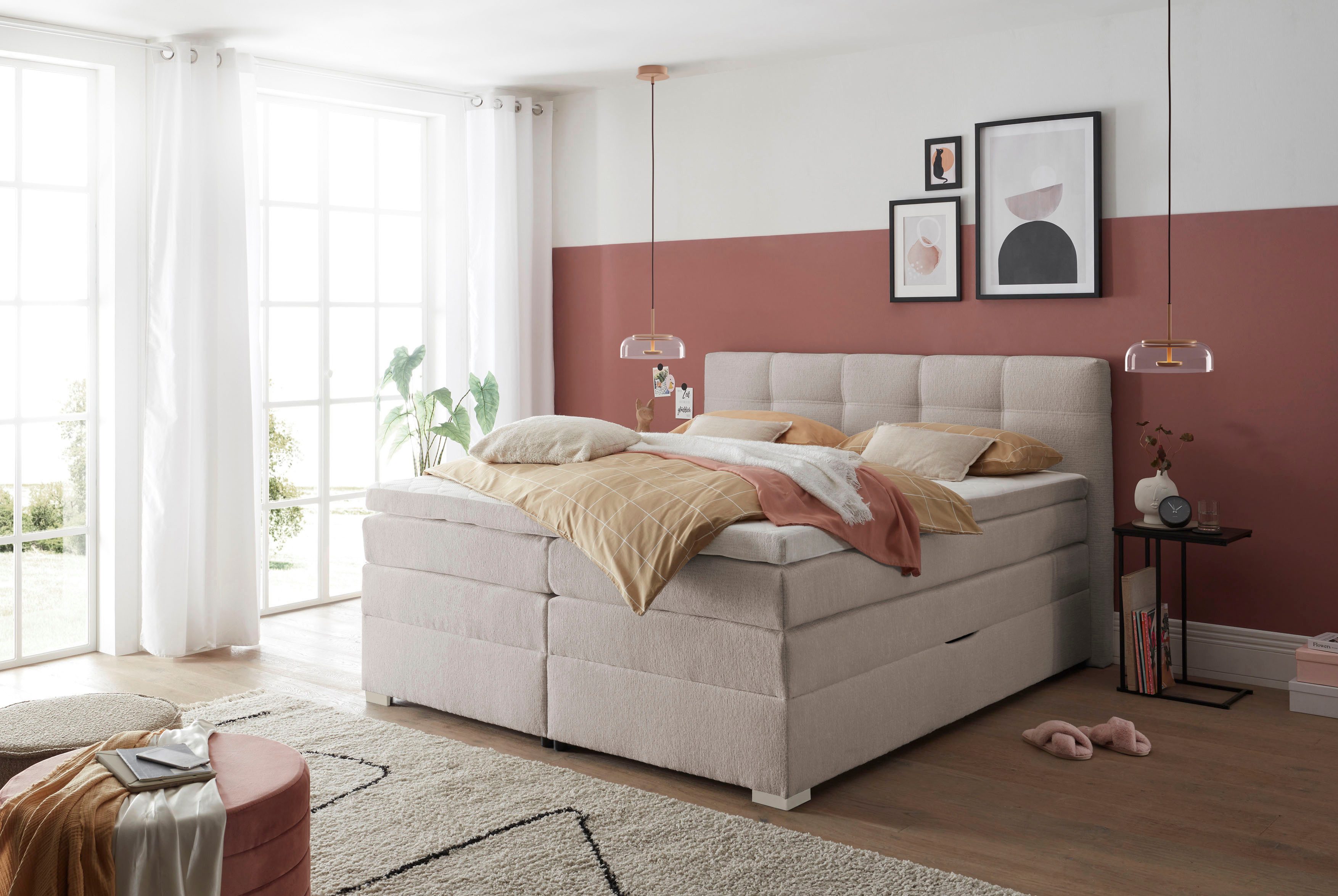 ED EXCITING DESIGN Boxspringbett FANES, Doppelbett mit Bettkasten und Taschenfederkernmatratze H3 (5-St., Komfortliegehöhe 73cm), mit 7cm Visco-Topper, hochwertiger Chenille-Bezug, 180x200cm