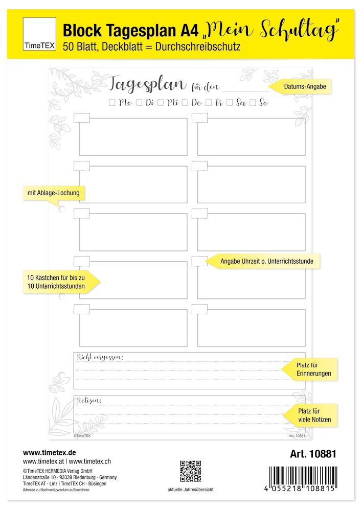 TimeTEX Notizblock Block Tagesplan A4 "Mein Schultag", 50 Blatt