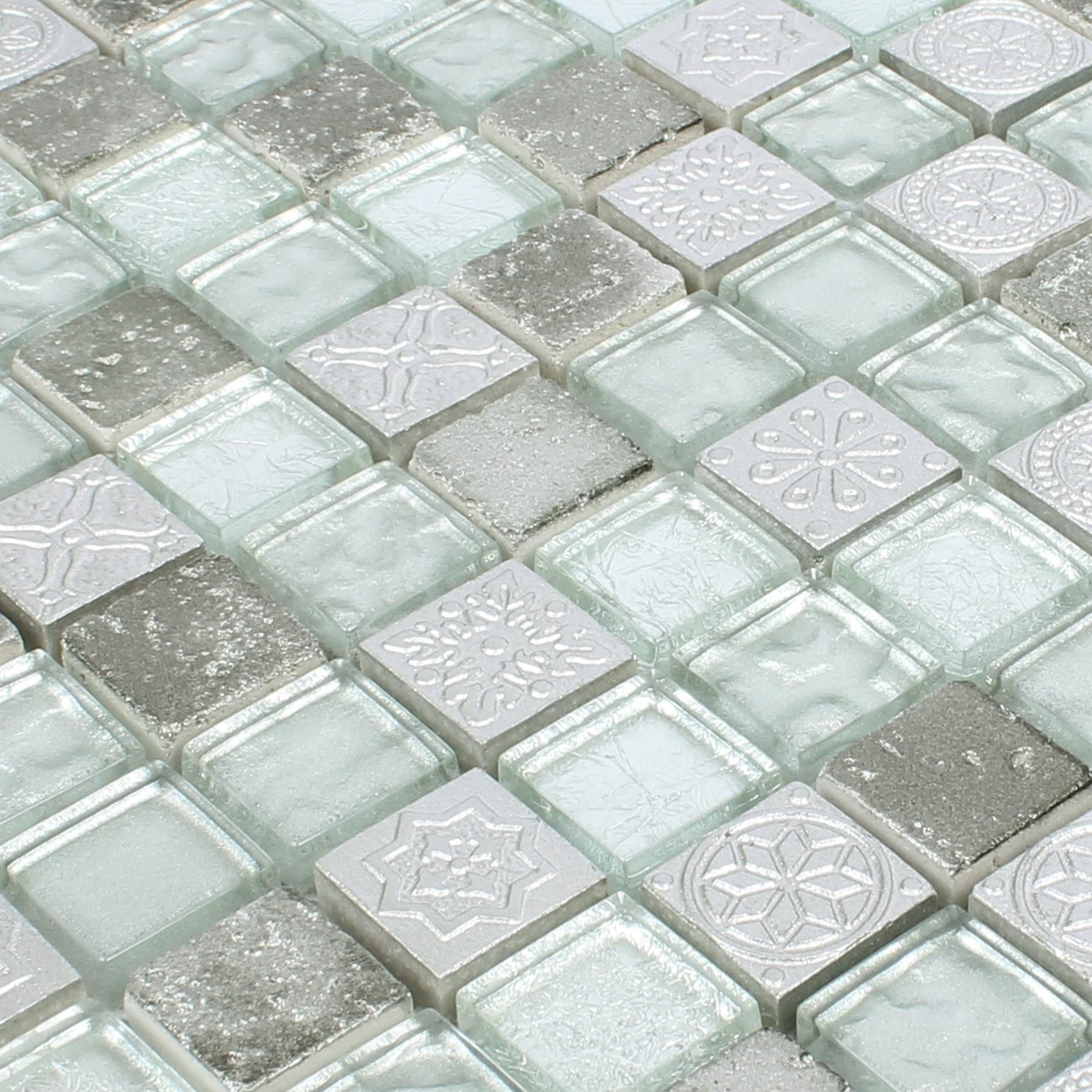 Mosafil Mosaikfliesen Mosaikfliesen Georgia Glas Naturstein Mix, Naturstein-Glas 30.000x30.000, grau-silber, Verlegefertig auf ein Netz geklebt