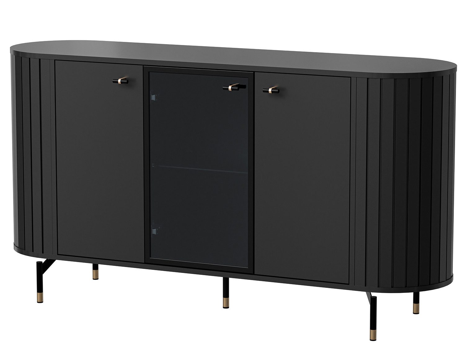 Beautysofa Kommode ZALIA 150 cm mit Glastür und Stauraum (Metallbeine mit Goldakzenten, Retro-Design, geriffelte Seiten), Cashmere oder Schwarz
