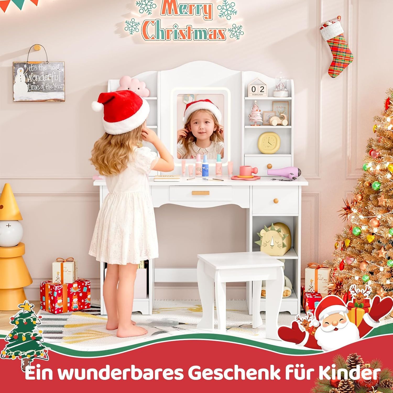 TLGREEN Schminktisch LED-beleuchteter Schminktisch für Mädchen mit Spiegel (Kinderschminktisch, 95cm großer Stauraum Schreibtisch Kinder, 5 Schubladen Spieltisc – Bild 2 von 5