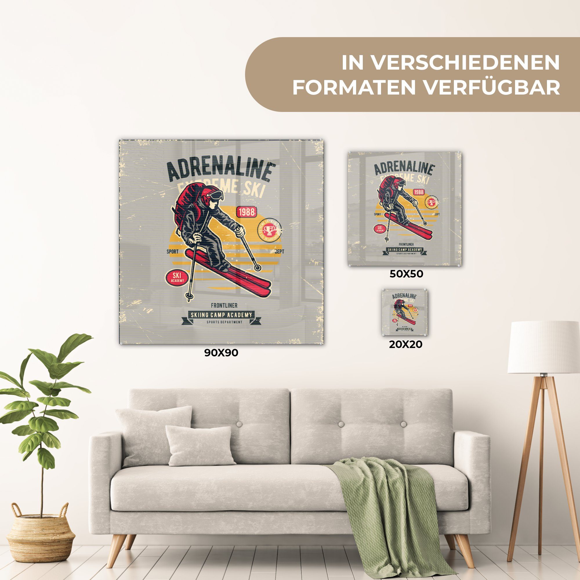 Bilder - - Foto auf Glas Wanddekoration Glasbilder Sport Jahrgang, MuchoWow Ski Acrylglasbild St), - - auf Wandbild - Glas (1