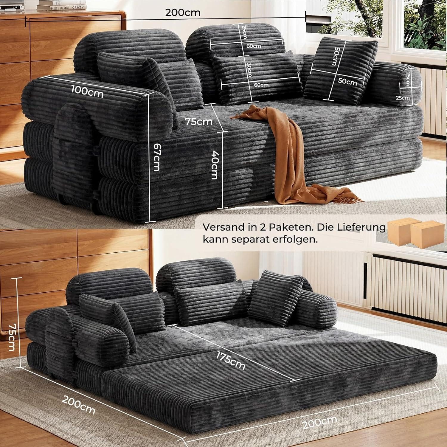LuxusKollektion Schlafsofa Schlafsofa 200cm Boneless Bodensofa Schlaffunktion Cord Grau, Schlaf Couch