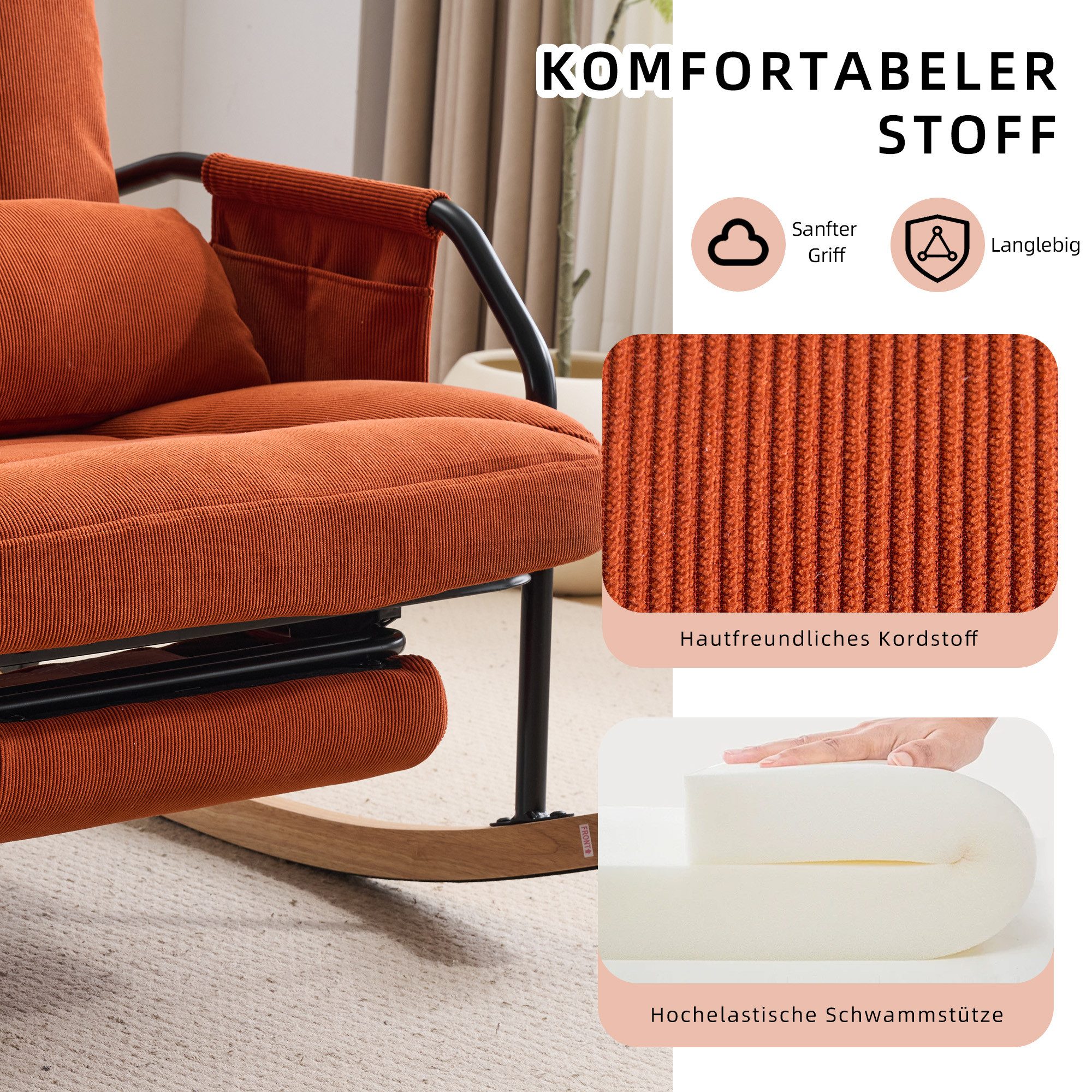 Leawin Schaukelstuhl Leawin großer Schaukelstuhl mit Liegefunktion & Fußstütze, Verstellbarer Relax-Schaukelstuhl mit breitem Sitz & Kissen