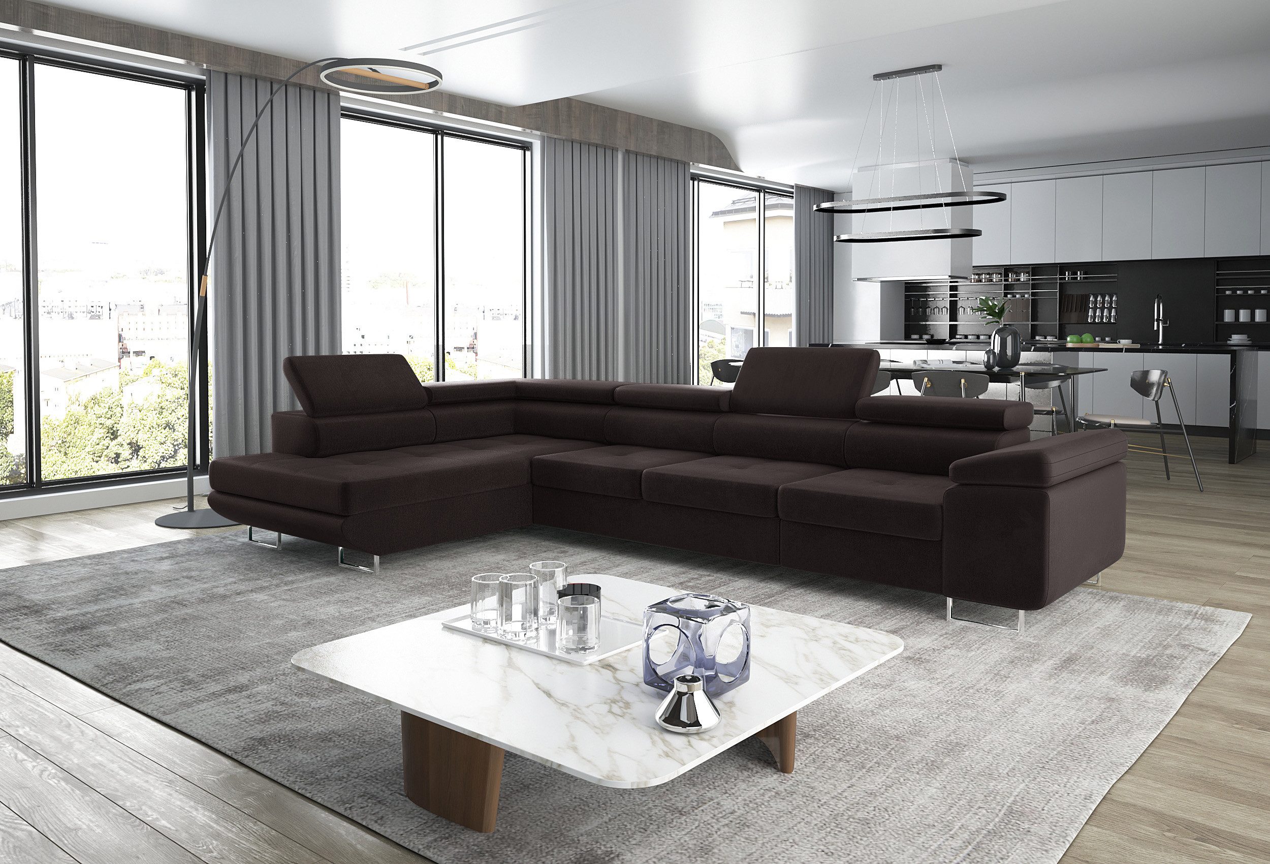 thematys Ecksofa ASTON LONG 355 x 204cm mit Schlaffunktion & Bettkasten – L-Sofa, mit Kopfstützen, Cord (Poso) oder Samt (Monolith), - XXL Wohnlandschaft im modernen Design