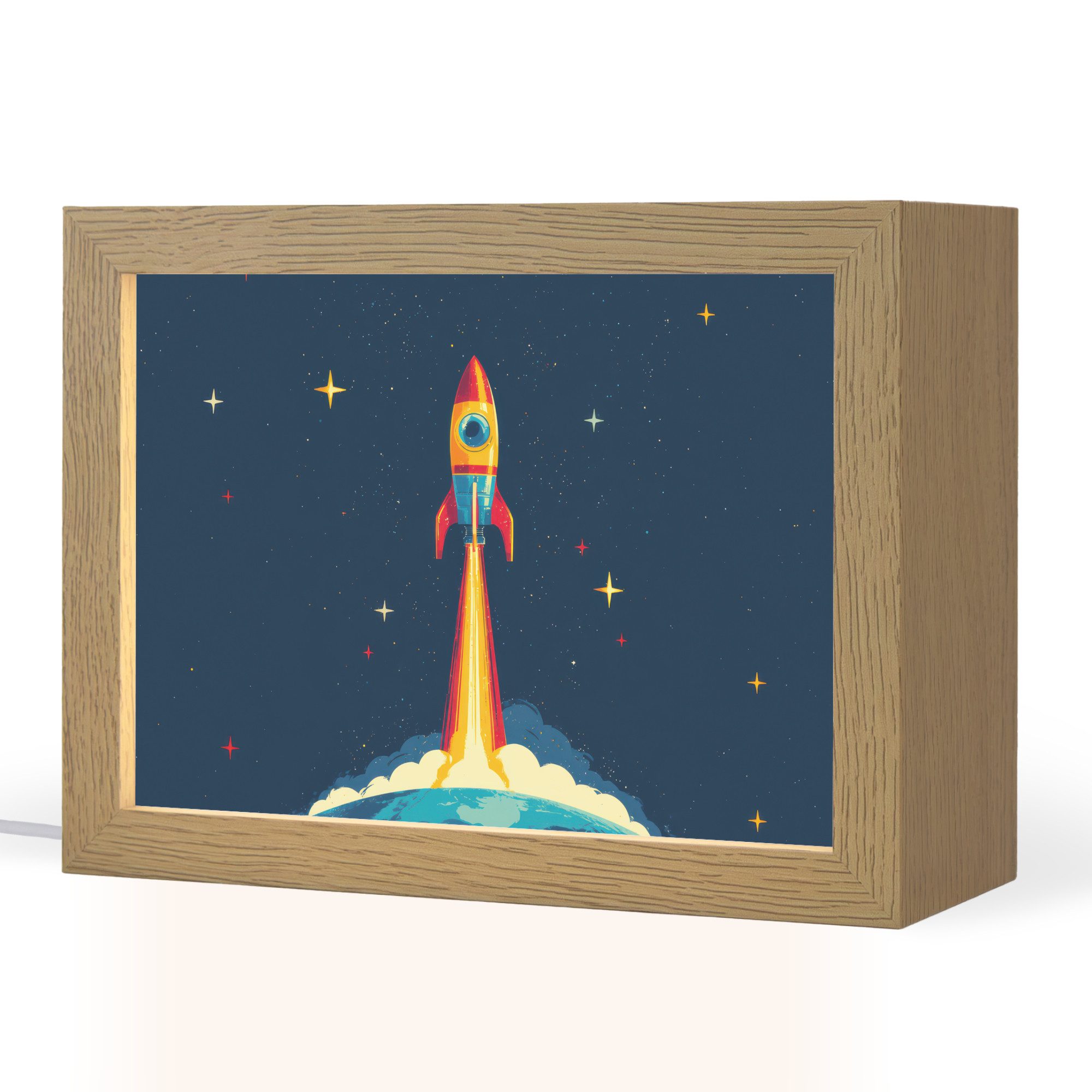 OnlyWow Nachttischlampe Lightbox Rakete - Rauchwolken - Weltraum - Jungen, Dimmbar, Farbwechsel, LED, Warmweiß, Kaltweiß, Neutralweiß Einstellbar, Nachtlicht, Kinder- und Babyzimmer, Dimmbar, mit Kabel, Tischleuchte