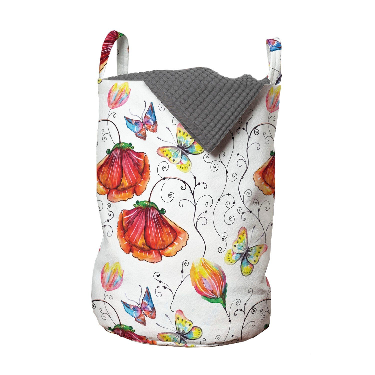 Abakuhaus Wäschesäckchen Wäschekorb mit Griffen Kordelzugverschluss für Waschsalons, Natur Gewirbelte Blumen Flamingo