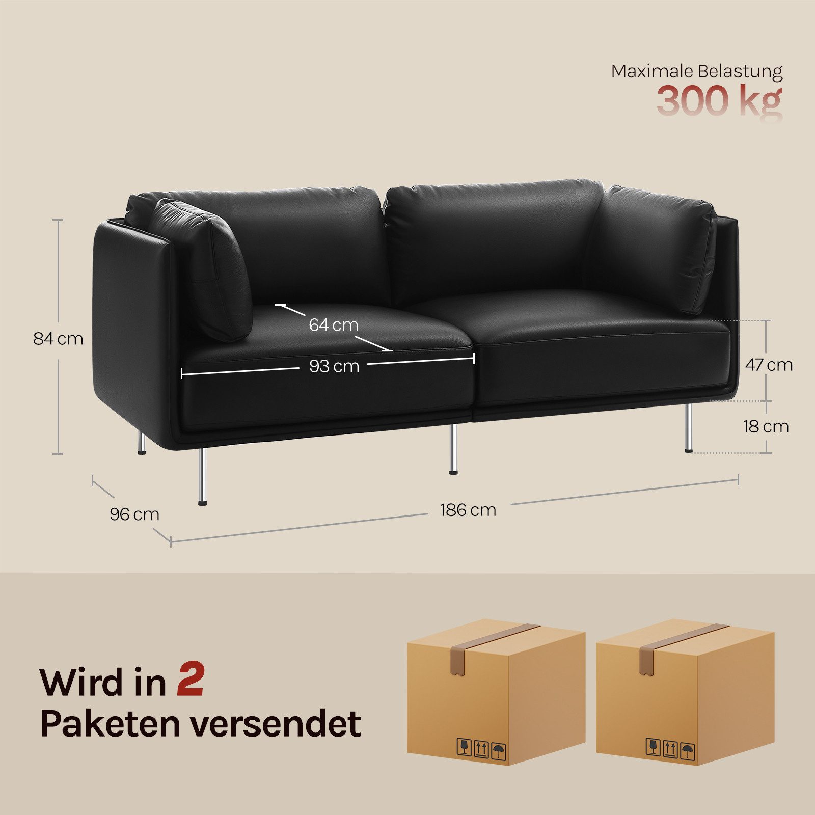 Woltu Sofa, aus Leder, im Bauhaus-Stil, Couch mit 18 cm hohen Füßen