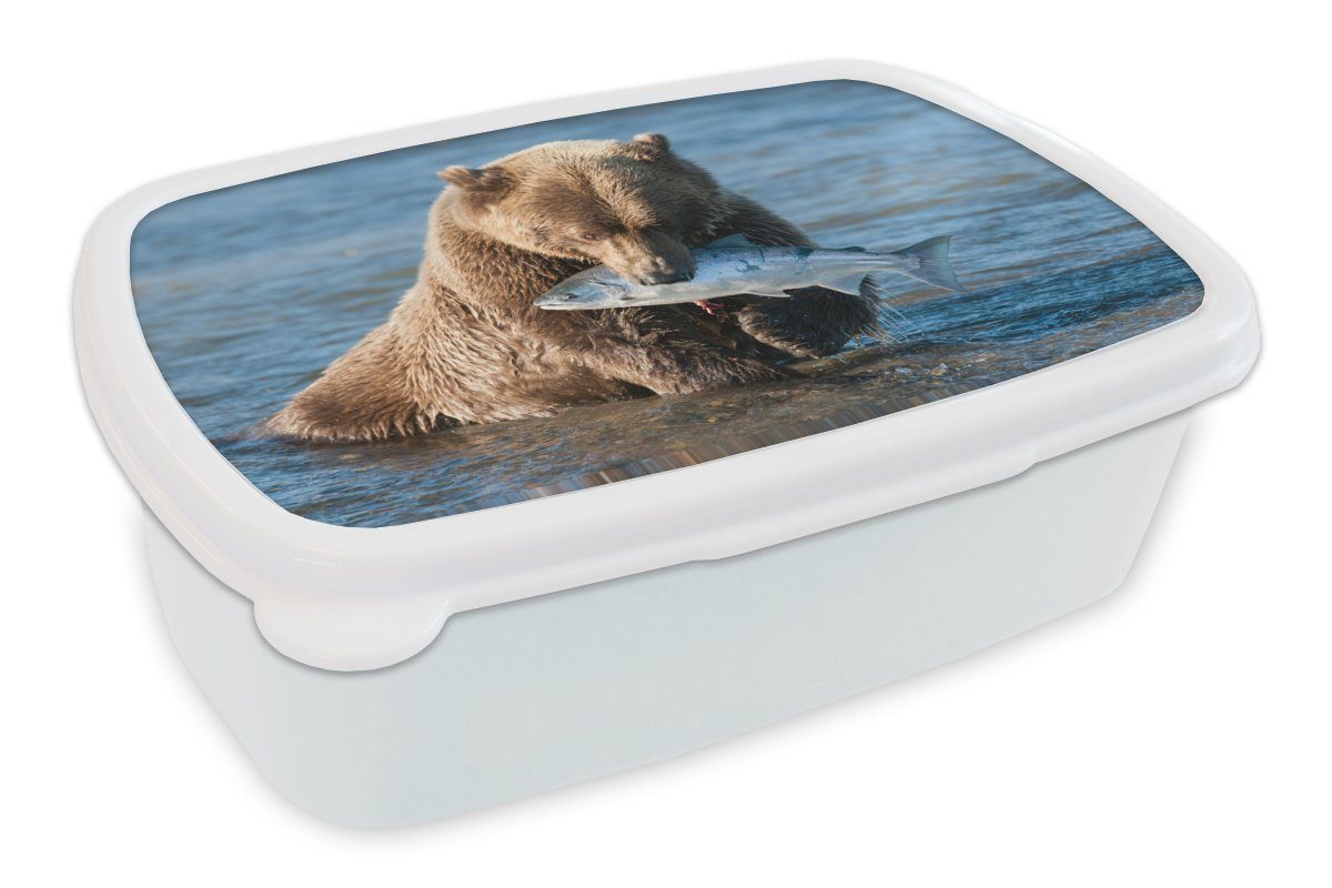MuchoWow Lunchbox Bär - Braun - Fisch, Kunststoff, (2-tlg), Brotbox für Kinder und Erwachsene, Brotdose, für Jungs und Mädchen weiß | Lunchboxen