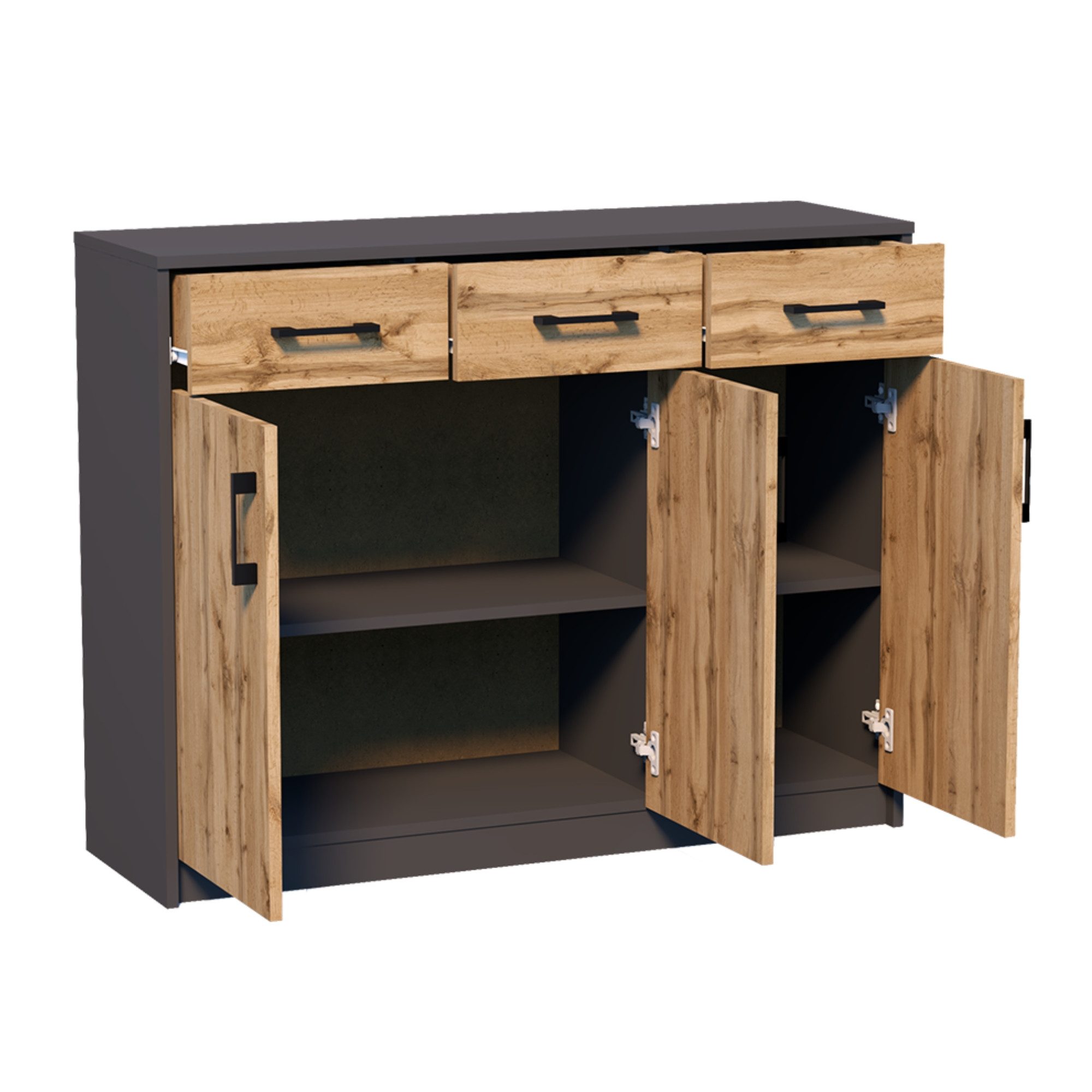 Home Collective Kommode mit 3 Schubladen und 3 Türen in matter Ausführung, Kommode 110cm (mit hochwertigen Polymergriffen, Hergestellt aus laminierten Platten, Metallrollen mit Auszugsperre), Holz Schrank Kommode mit Schubladen graphit Eiche