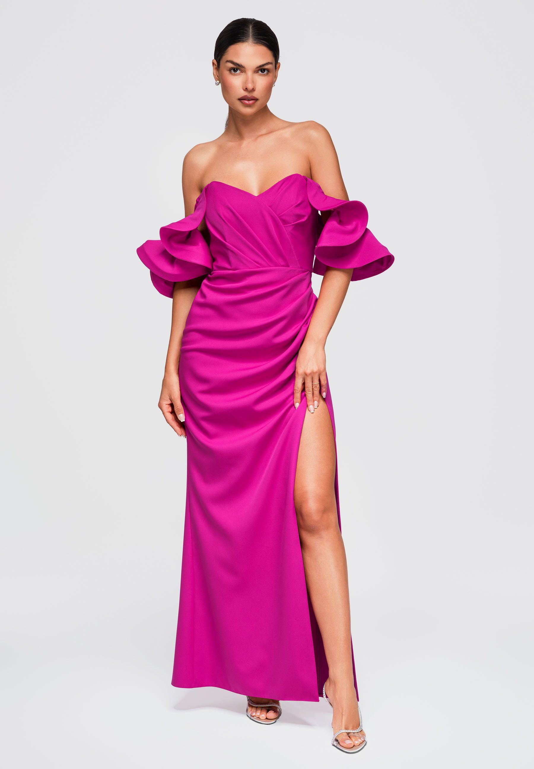 OMBRE Abendkleid Damen Abendkleid Maxi mit Herz-Ausschnitt Fuchsia L (kein Set, 1-tlg) in Unifarbe