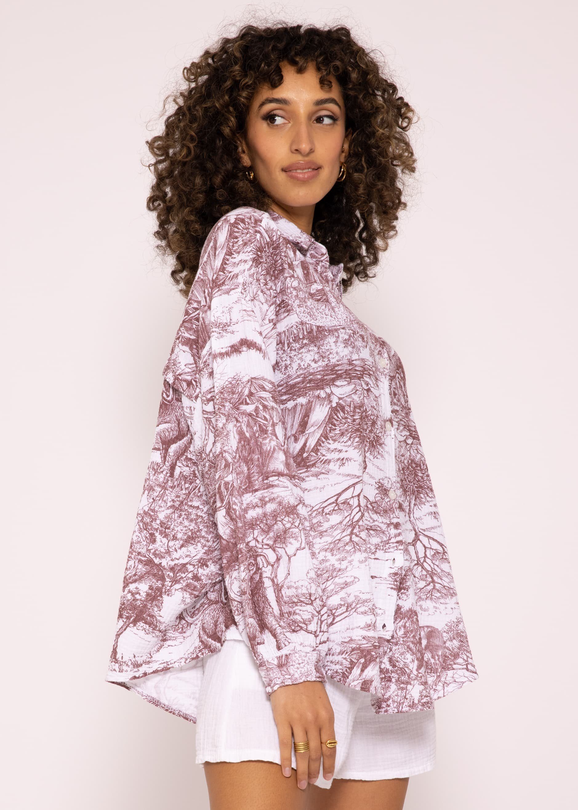 Longbluse SASSYCLASSY Bluse Musselin Oversize Motiv in 36-48 Hemdbluse Gr. Size: Damen Made Langarm One lang Baumwolle, mit Italy, 100 aus %