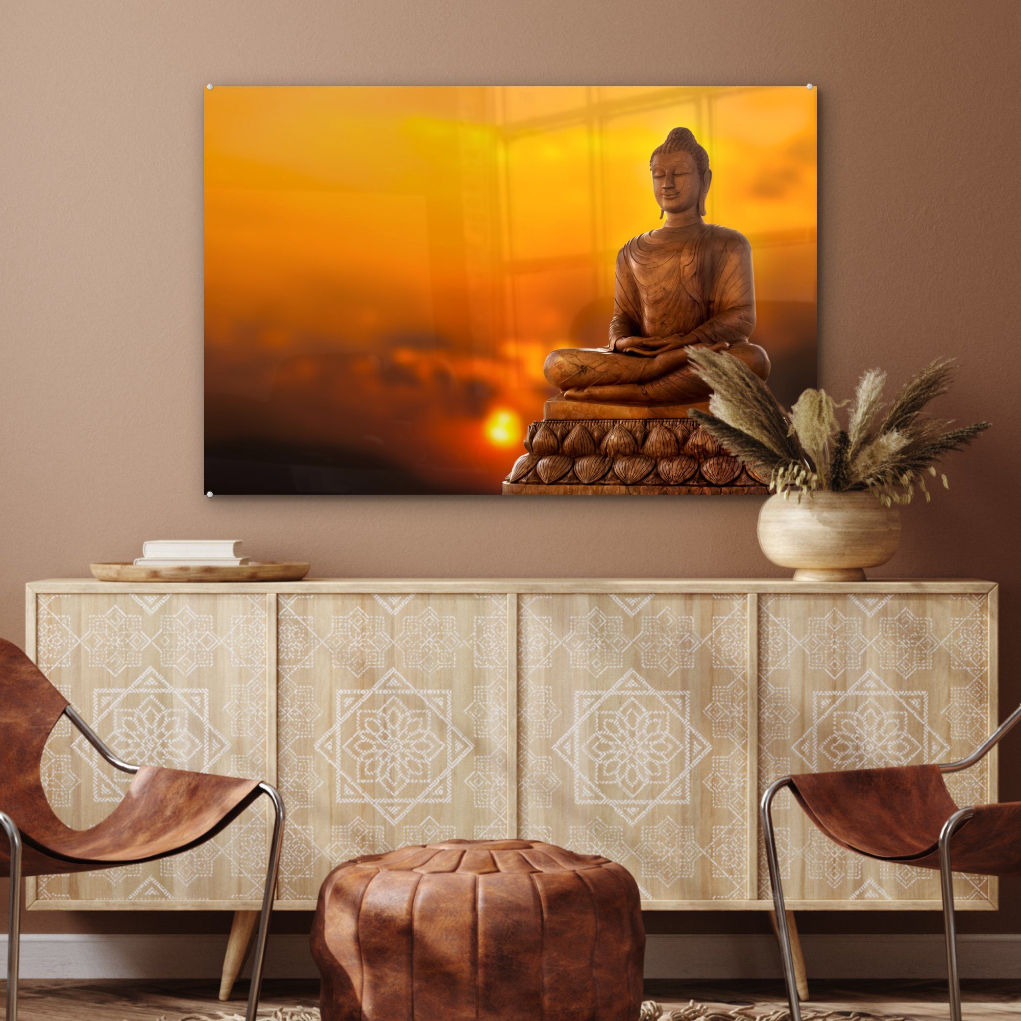 Acrylglasbilder Wohnzimmer (1 & St), Gold Sonne, Acrylglasbild MuchoWow Schlafzimmer - Buddha -