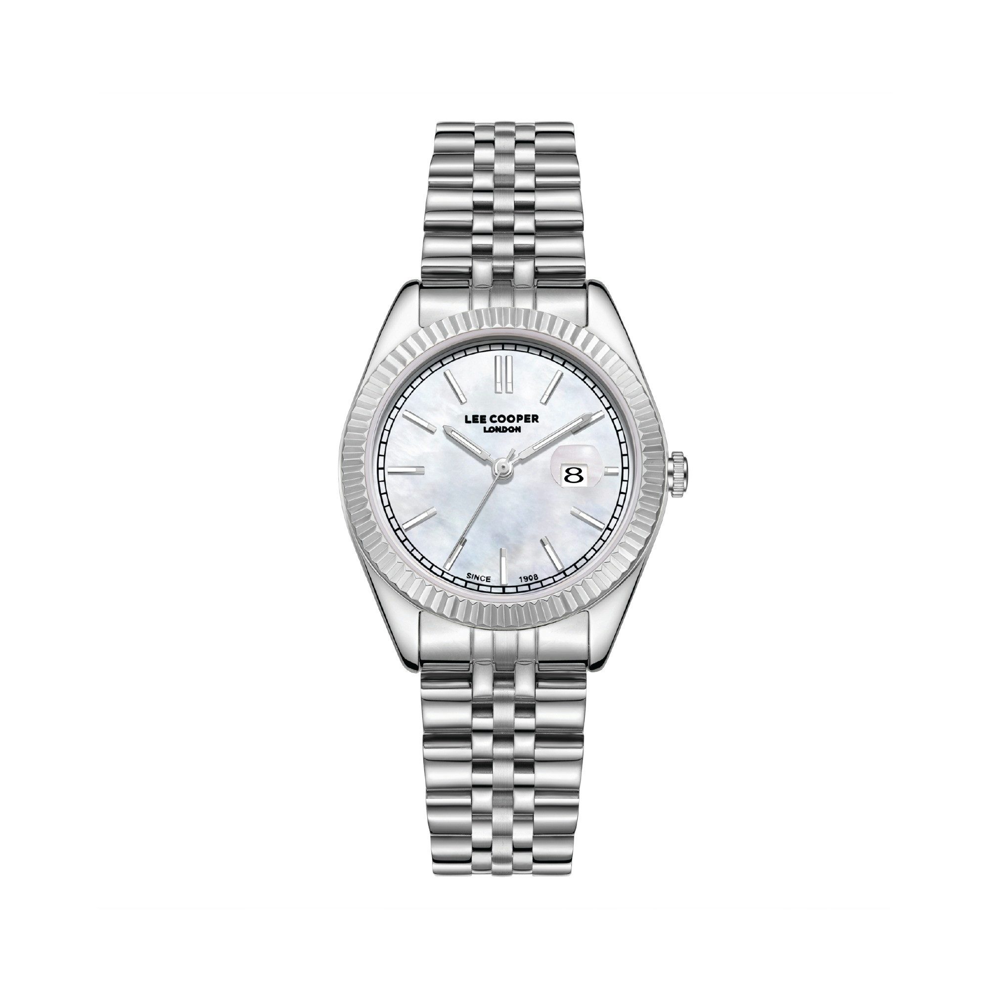 Lee Cooper Quarzuhr Damenuhr elegant mit Metallarmband, 32 mm – Geschenk für Frauen Perlmutt-Zifferblatt, silber – LC08210.320, Datum, Mineralglas, 3 ATM, inkl. Geschenkbox