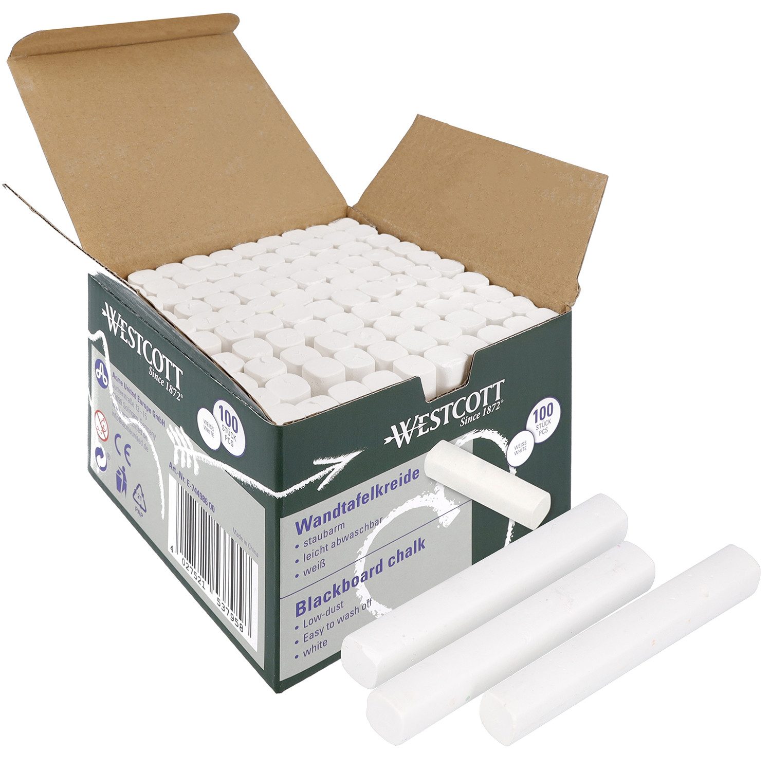 WESTCOTT Malkreide Kreide 100 Stück Weiss, Vorteilspack Tafelkreide 1,2cm ⌀, (Vorteilspack, 100-tlg), staubarm & leicht abwischbar