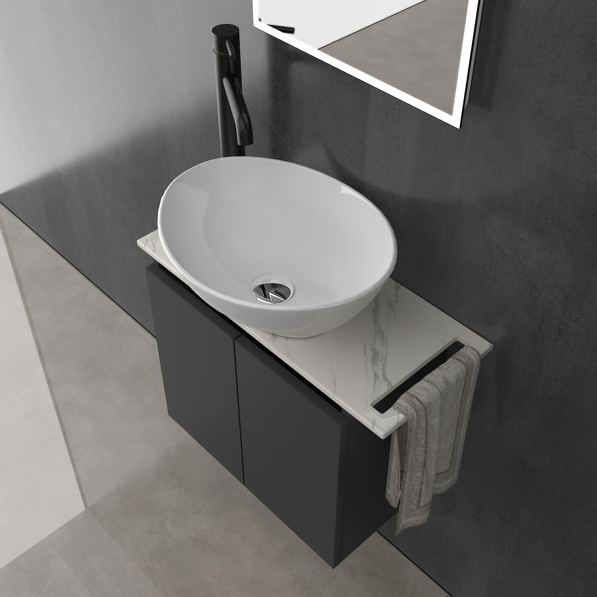 Alpenberger Waschtisch Alpenberger Aufsatzwaschbecken mit Unterschrank hängend (Waschbecken mit Unterschrank für Bad & Gäste-WC, mit Keramik Waschtischplatte), MDF/MFC Waschbeckenunterschrank Schwarz Matt