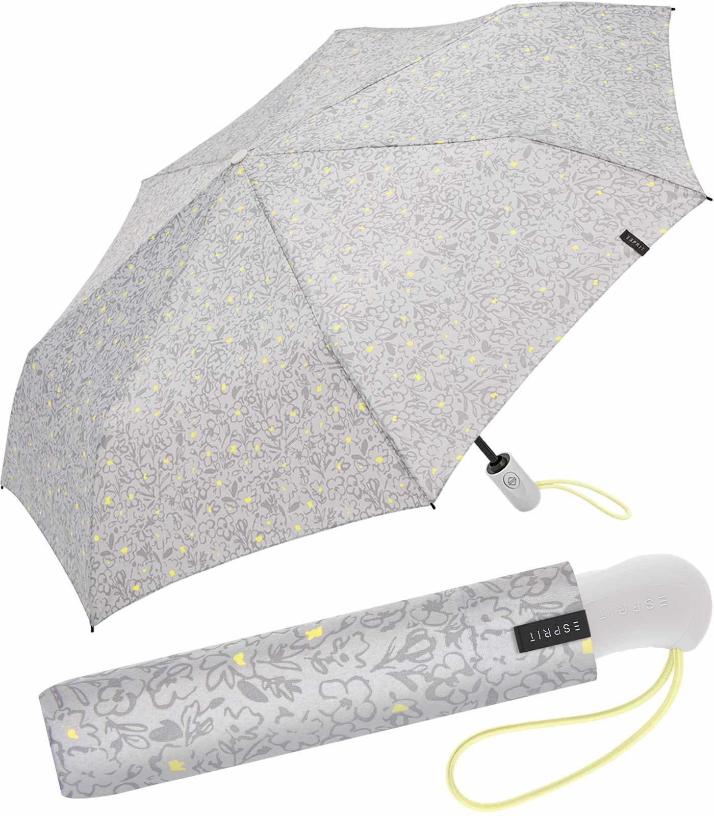 Esprit Taschenregenschirm Easymatic Light Auf-Zu Automatik Scribbled Romance, mit romantischem Blüten-Muster grau