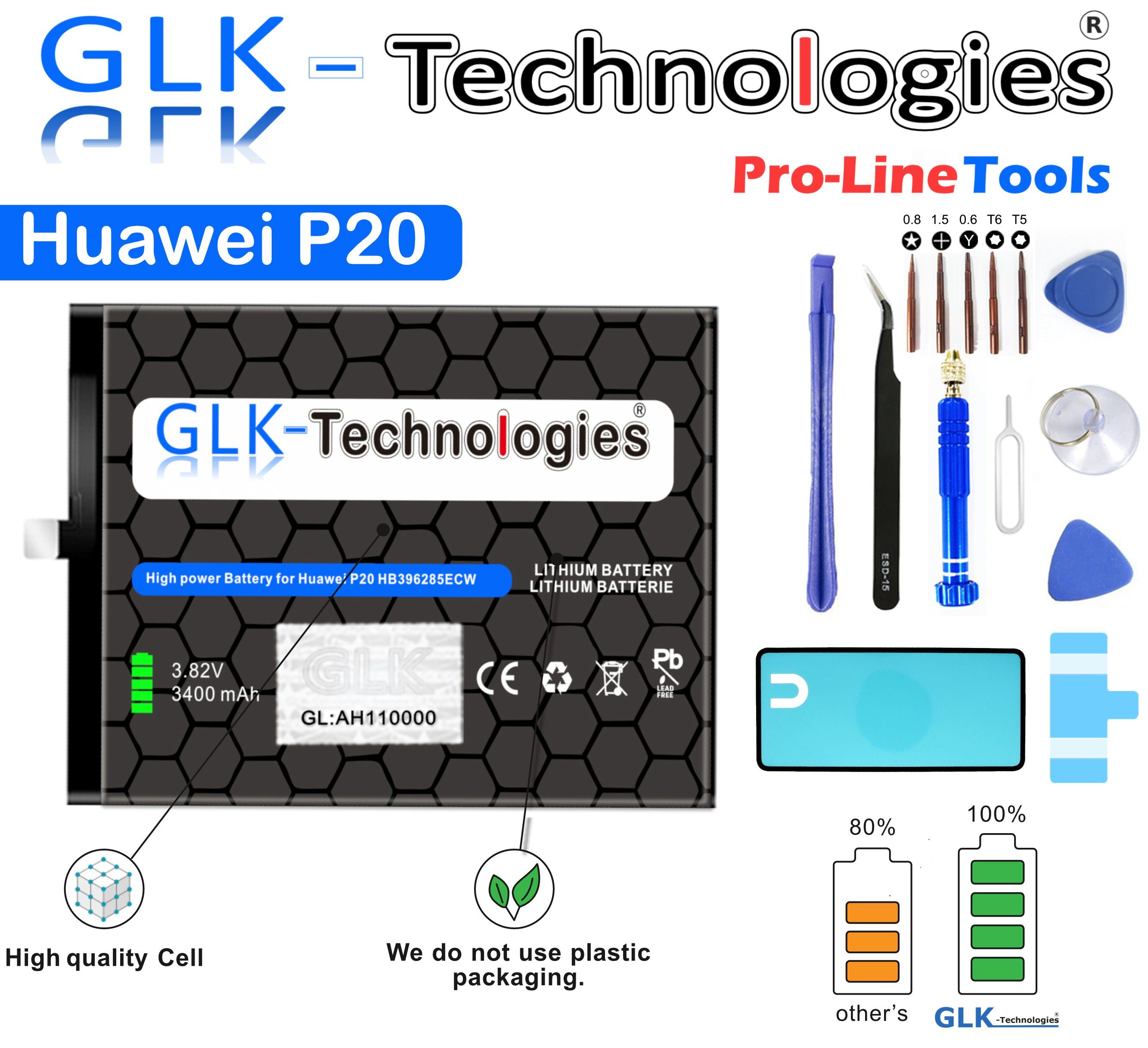 GLK-Technologies High Power Ersatz Akku 3400 / P20 Huawei Set Werkzeug mAh mit Honor Smartphone-Akku inkl. 10 V) Kit Profi kompatibel (3,8