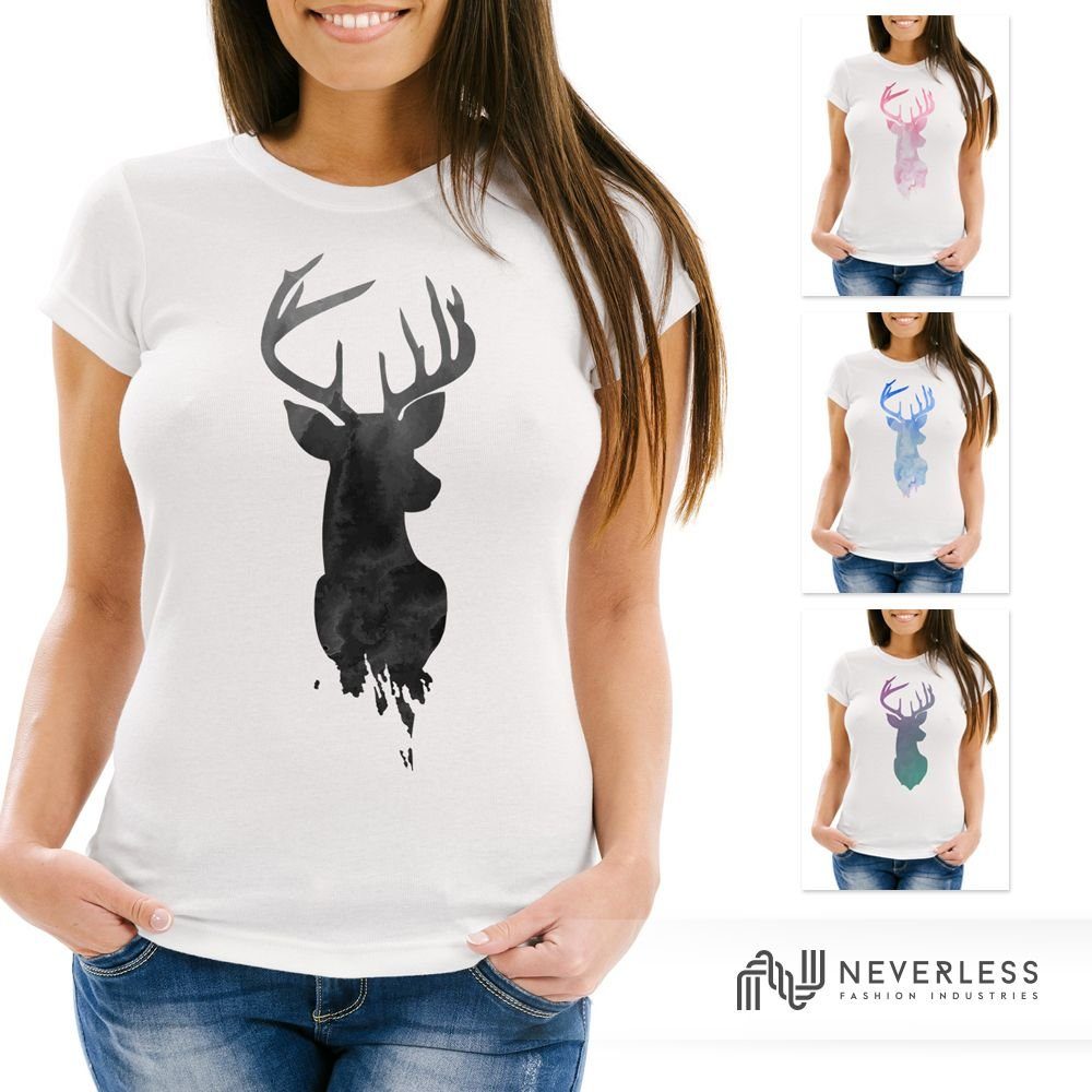 Neverless Print-Shirt Damen T-Shirt Hirsch Geweih Kopf Deer Watercolor Polygon Tier Slim mit Print – Bild 4 von 4