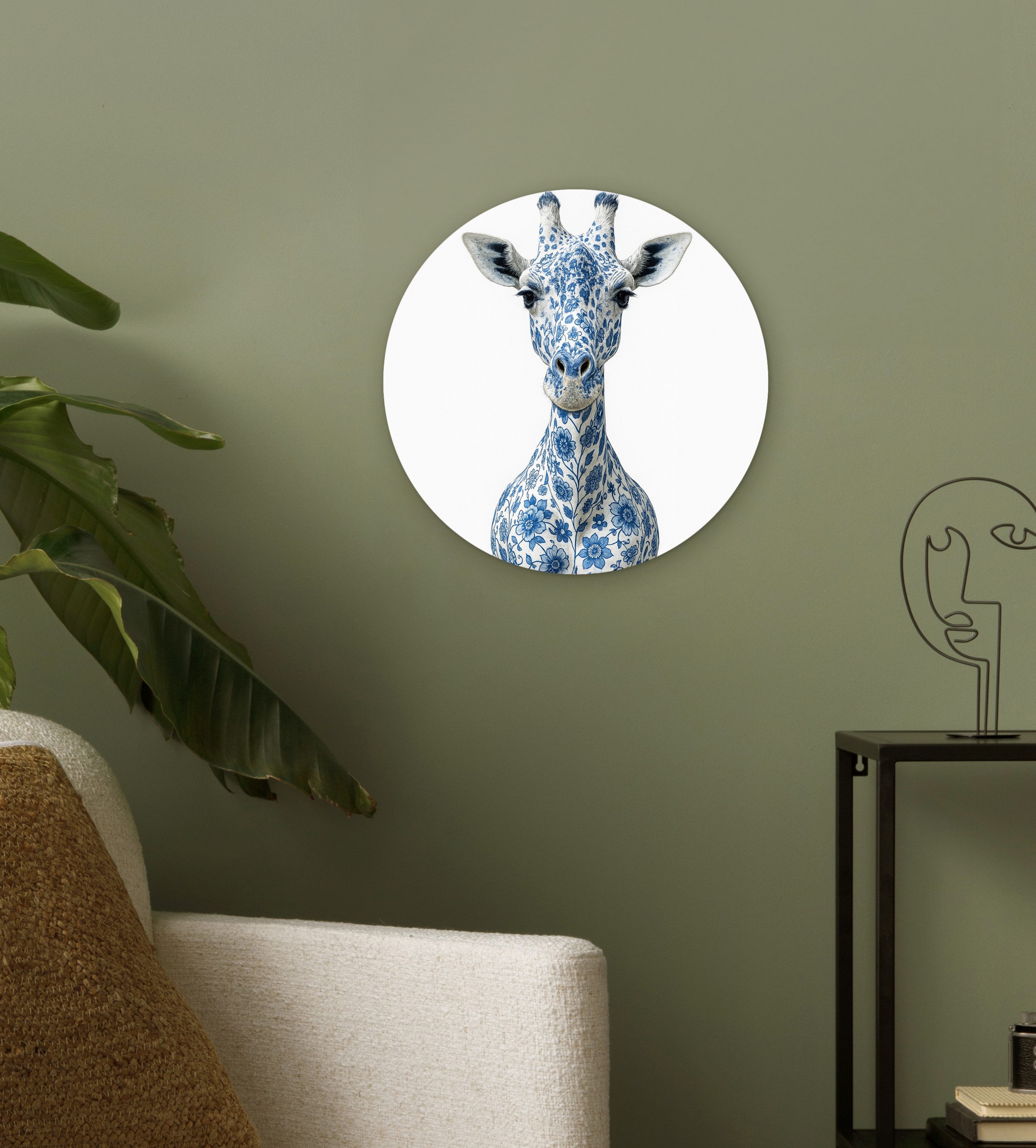 MuchoWow Gemälde Giraffe - Delfter Blau - Tiere - Minimalistisch, Fotodruck (1 St), Kreis Wanddekoration, Rundes Wandbild, 30x30 cm