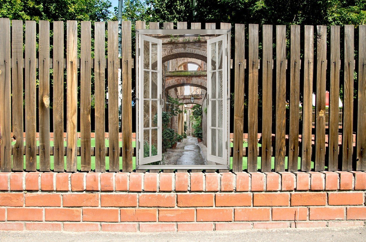 Wallario Sichtschutzzaunmatten Grüne italienische Gasse - mit alten Bögen, mit Fenster-Illusion