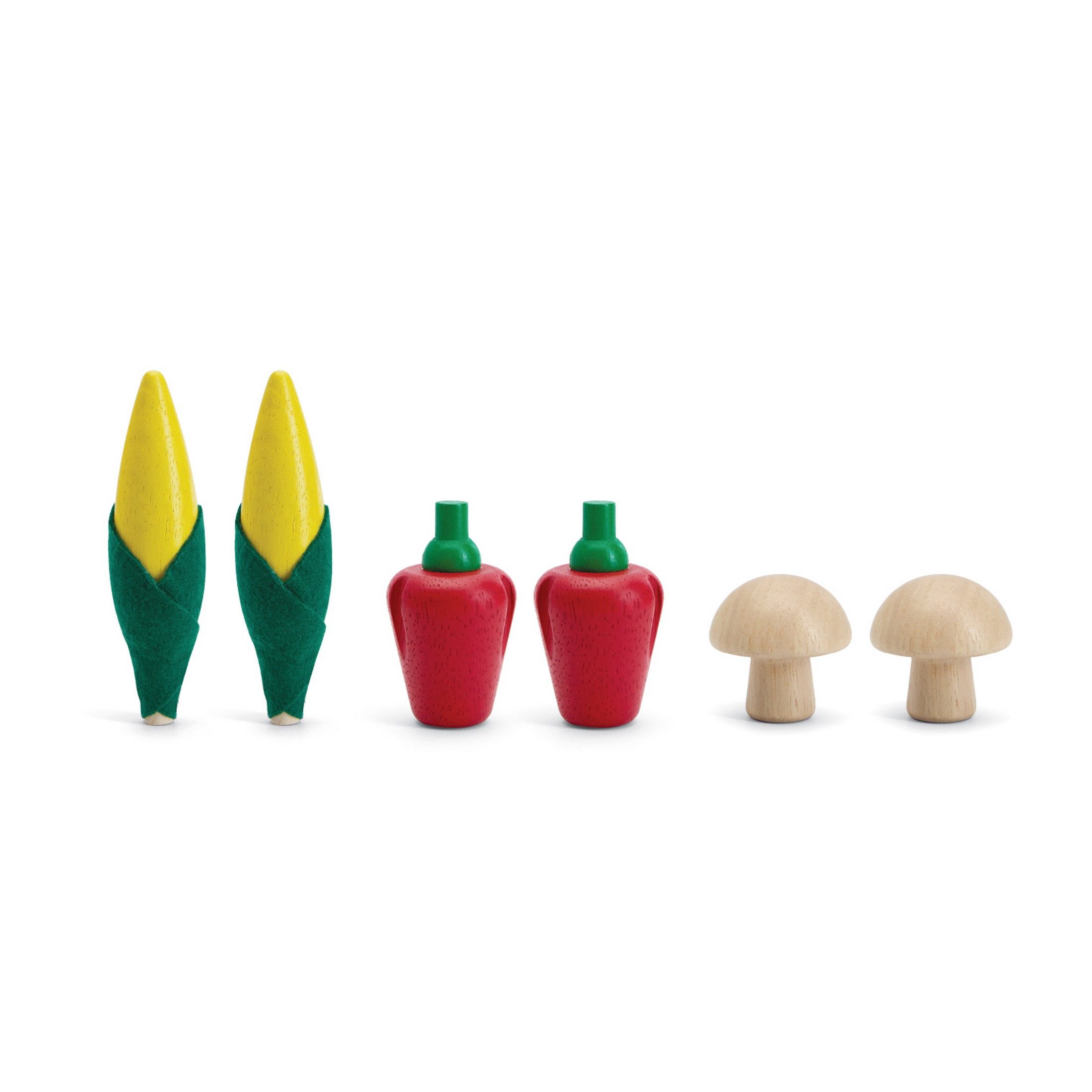 Plantoys Spiellebensmittel PlanToys – Obst & Gemüseset D (Mais, Pilz, Peperoni) – 18m+, (Set mit zwei Maiskolben, zwei Peperoni und zwei Pilzen, 6-tlg)